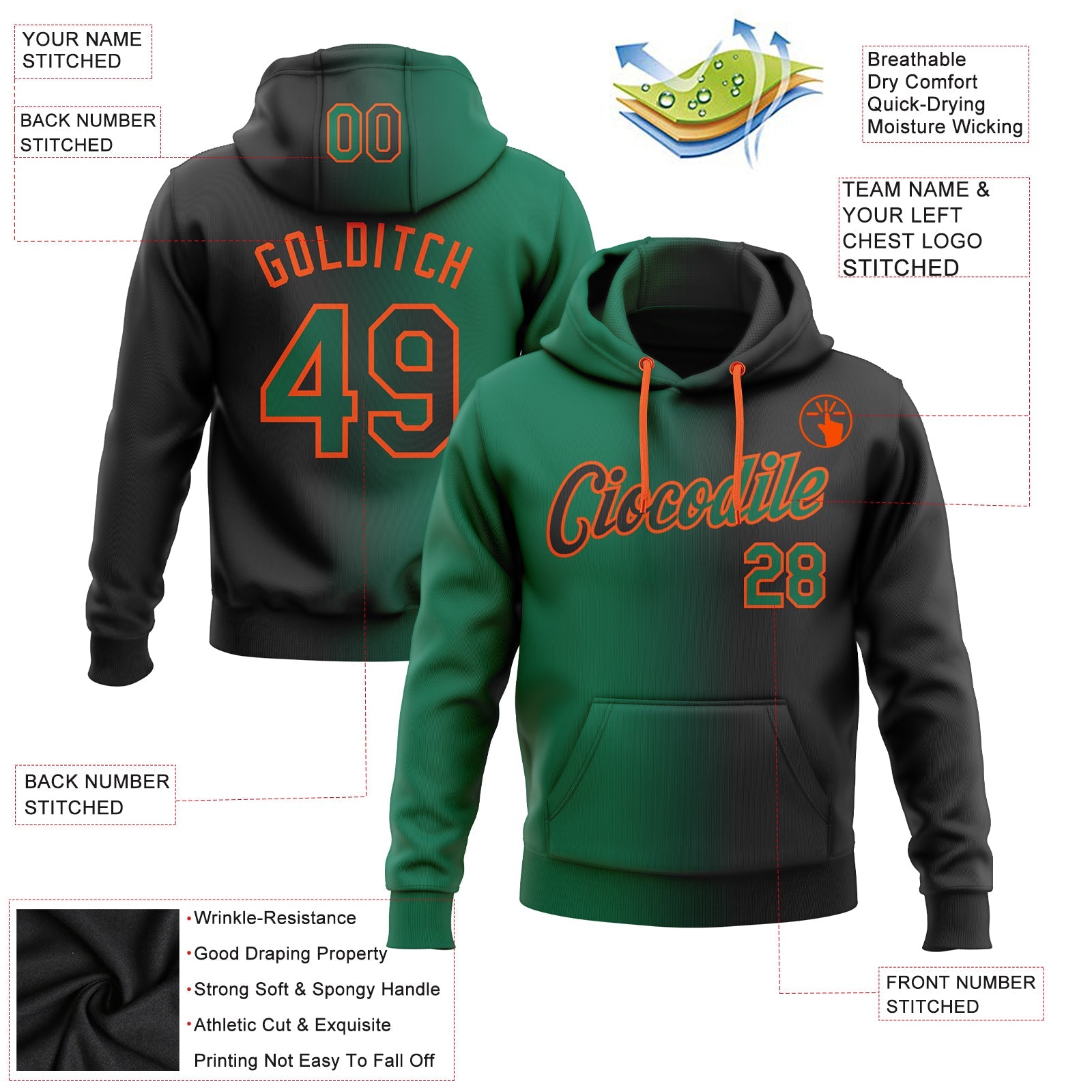 Custom Stitched Black Kelly Green-Orange Gradient Fashion Sports Pullover Sweatshirt Hoodie view 2