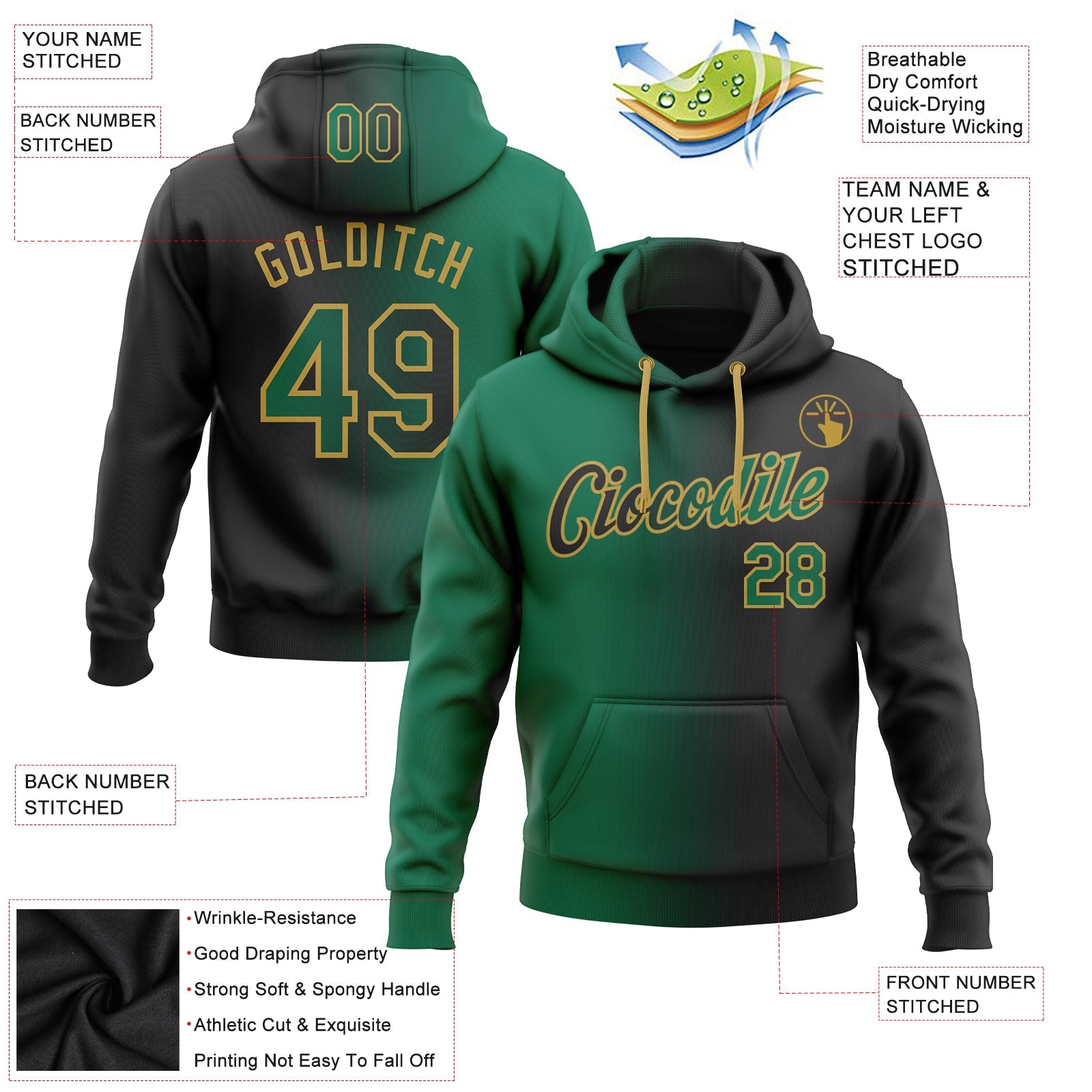 Custom Stitched Black Kelly Green-Old Gold Gradient Fashion Sports Pullover Sweatshirt Hoodie view 2