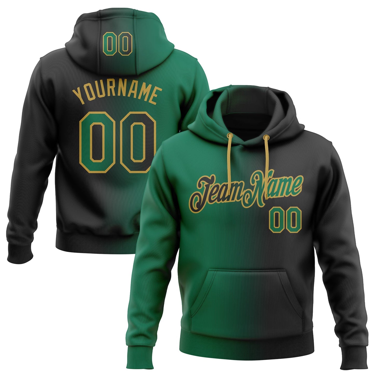 Custom Stitched Black Kelly Green-Old Gold Gradient Fashion Sports Pullover Sweatshirt Hoodie - Main View