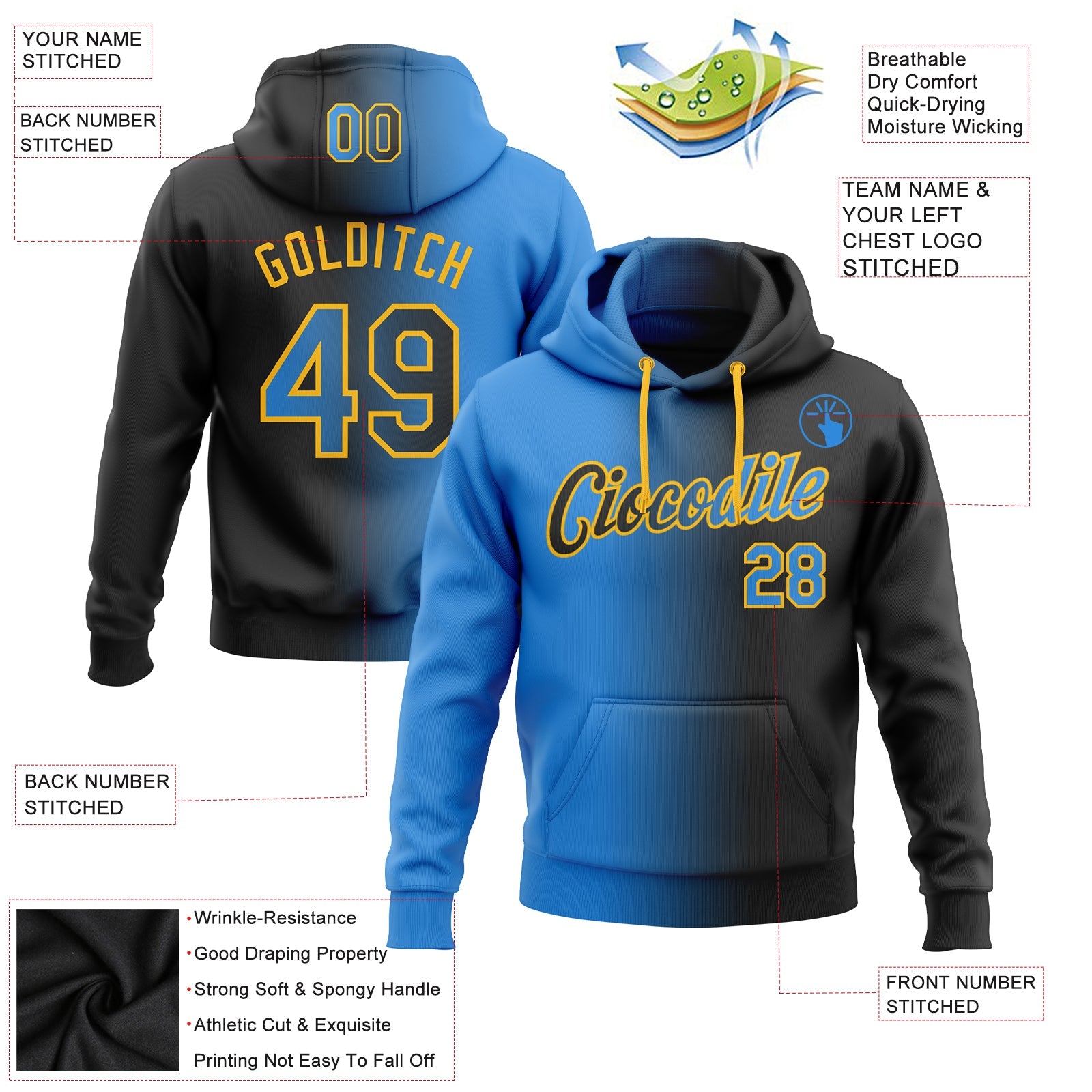 Custom Stitched Black Powder Blue-Gold Gradient Fashion Sports Pullover Sweatshirt Hoodie view 3