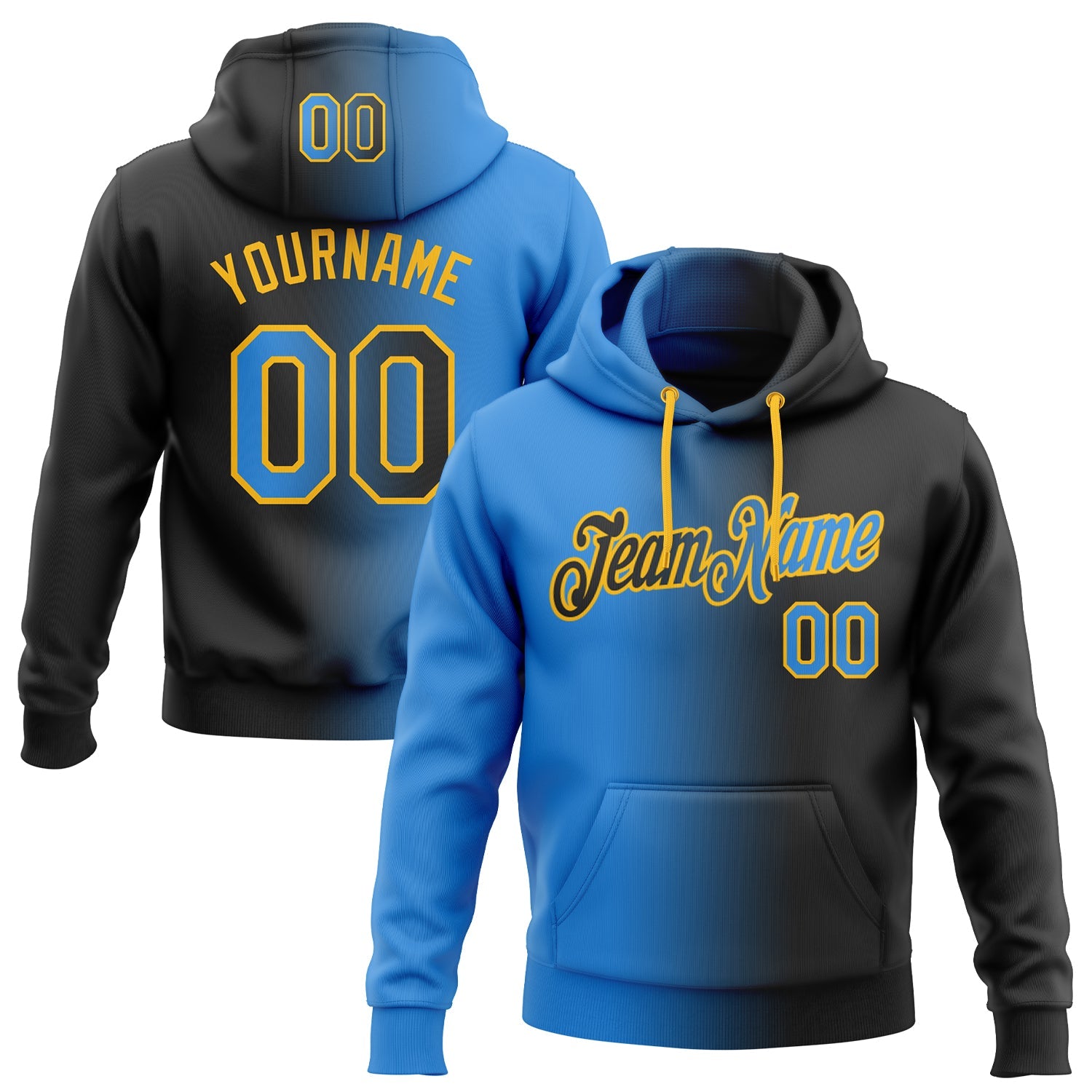 Custom Stitched Black Powder Blue-Gold Gradient Fashion Sports Pullover Sweatshirt Hoodie - Main View