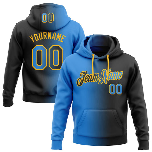 Custom Stitched Black Powder Blue-Gold Gradient Fashion Sports Pullover Sweatshirt Hoodie - Main View