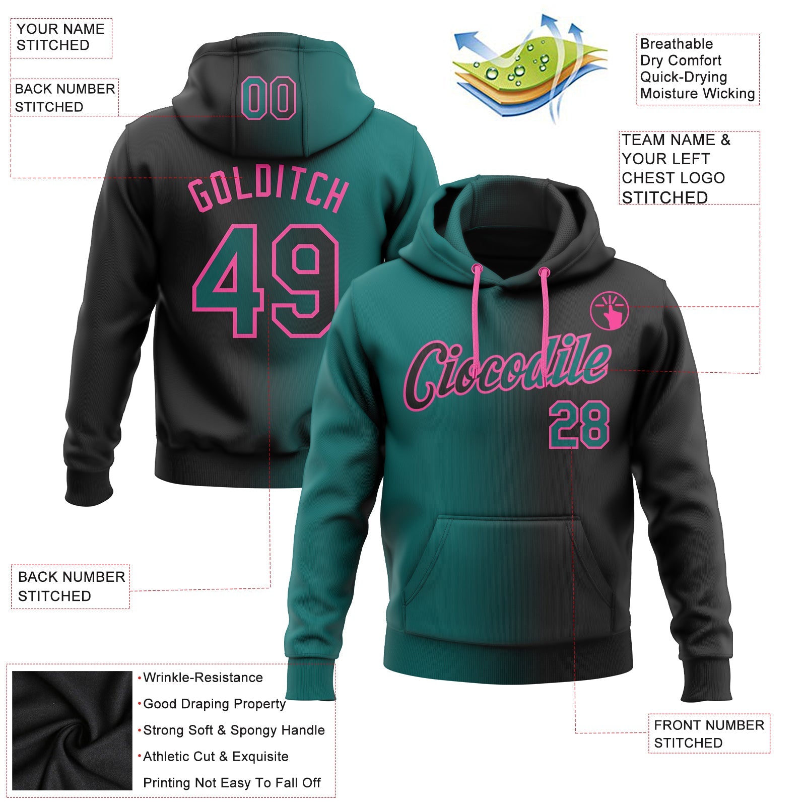 Custom Stitched Black Teal-Pink Gradient Fashion Sports Pullover Sweatshirt Hoodie view 2