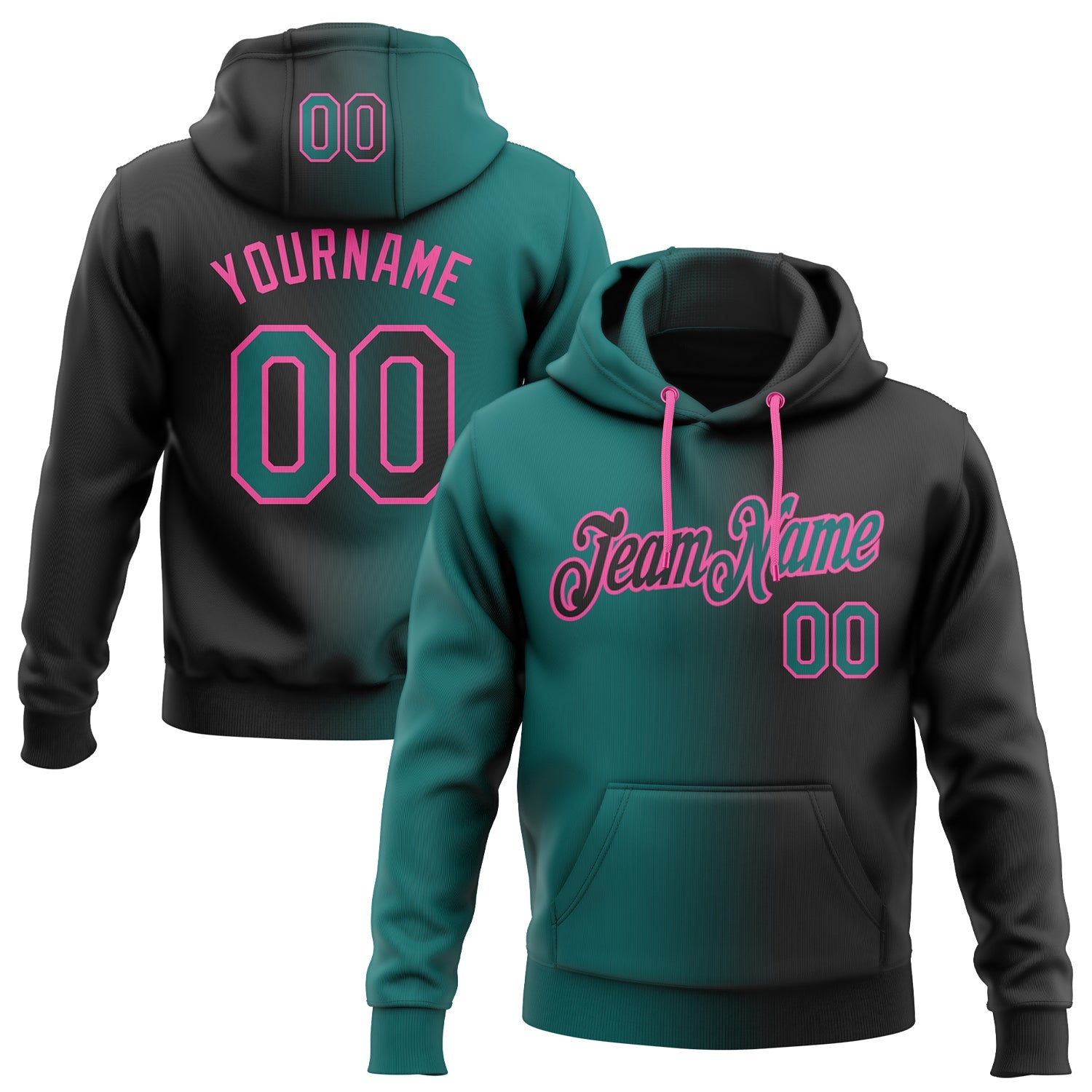 Custom Stitched Black Teal-Pink Gradient Fashion Sports Pullover Sweatshirt Hoodie - Main View