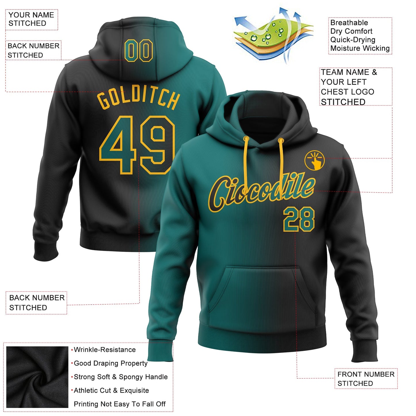 Custom Stitched Black Teal-Gold Gradient Fashion Sports Pullover Sweatshirt Hoodie view 2