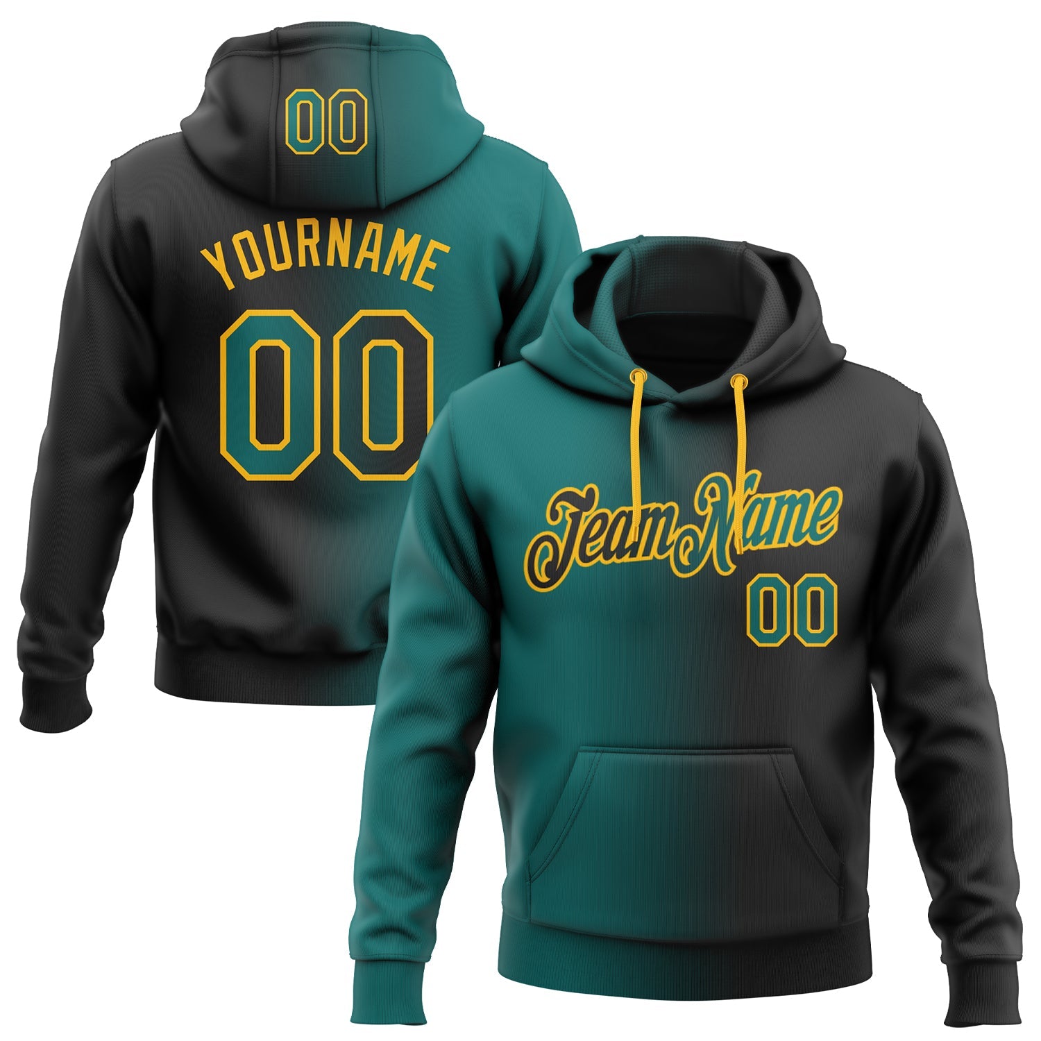 Custom Stitched Black Teal-Gold Gradient Fashion Sports Pullover Sweatshirt Hoodie - Main View