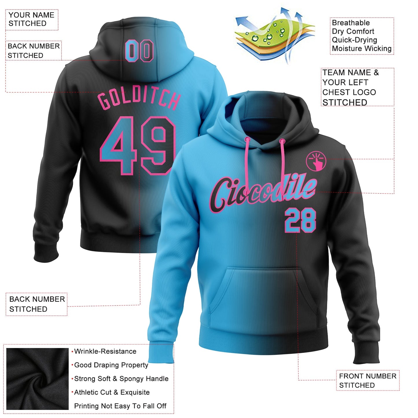 Custom Stitched Black Sky Blue-Pink Gradient Fashion Sports Pullover Sweatshirt Hoodie view 2