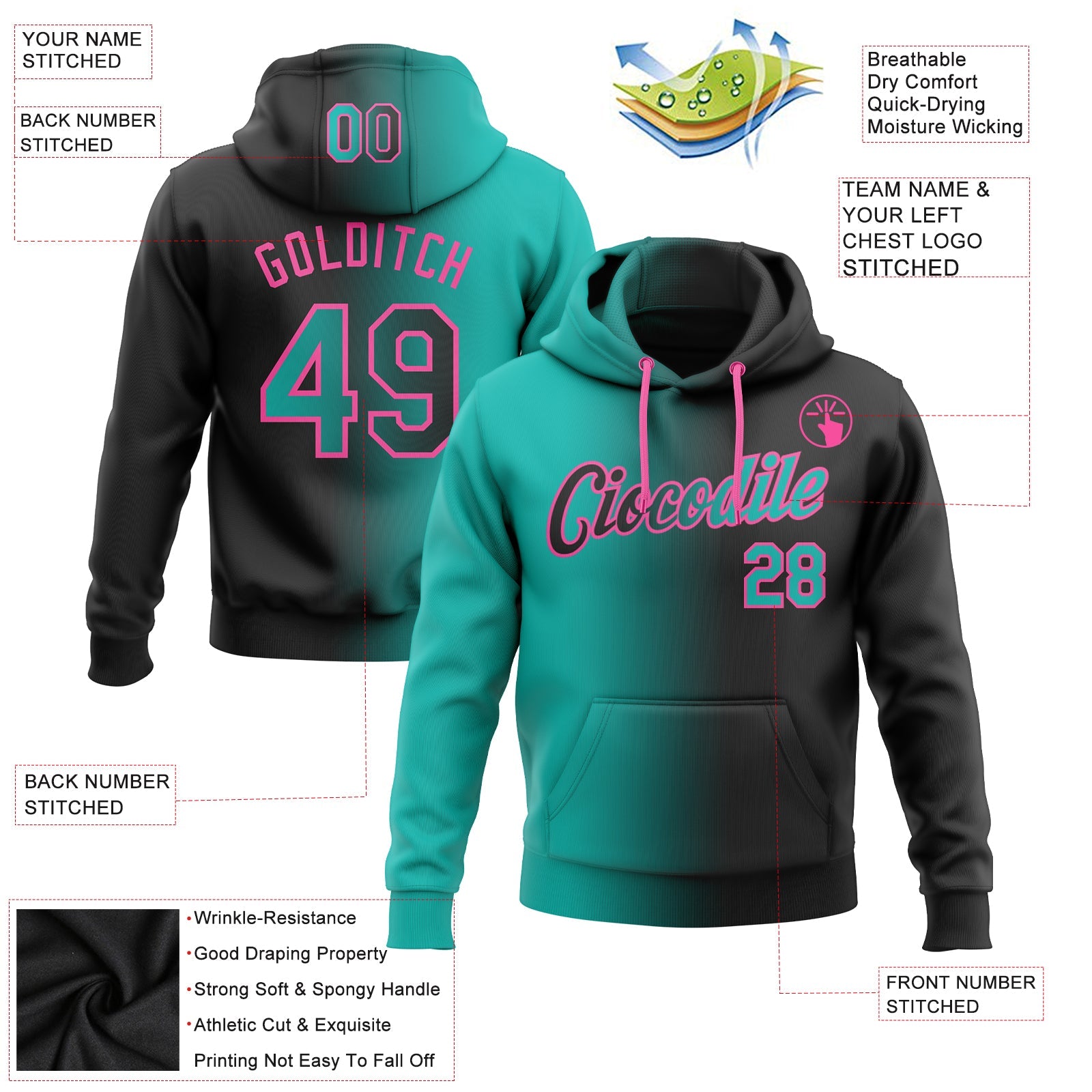 Custom Stitched Black Aqua-Pink Gradient Fashion Sports Pullover Sweatshirt Hoodie view 2