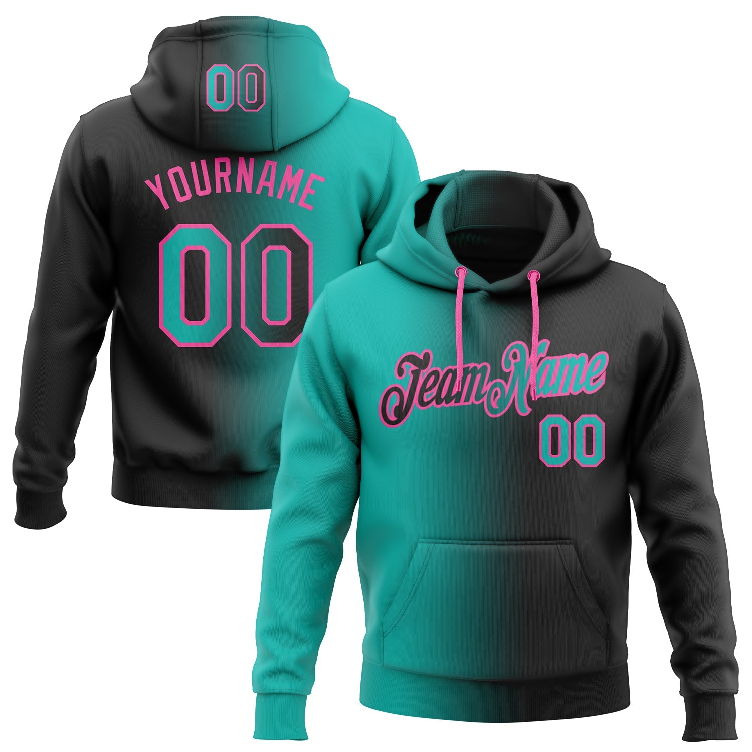 Custom Stitched Black Aqua-Pink Gradient Fashion Sports Pullover Sweatshirt Hoodie - Main View