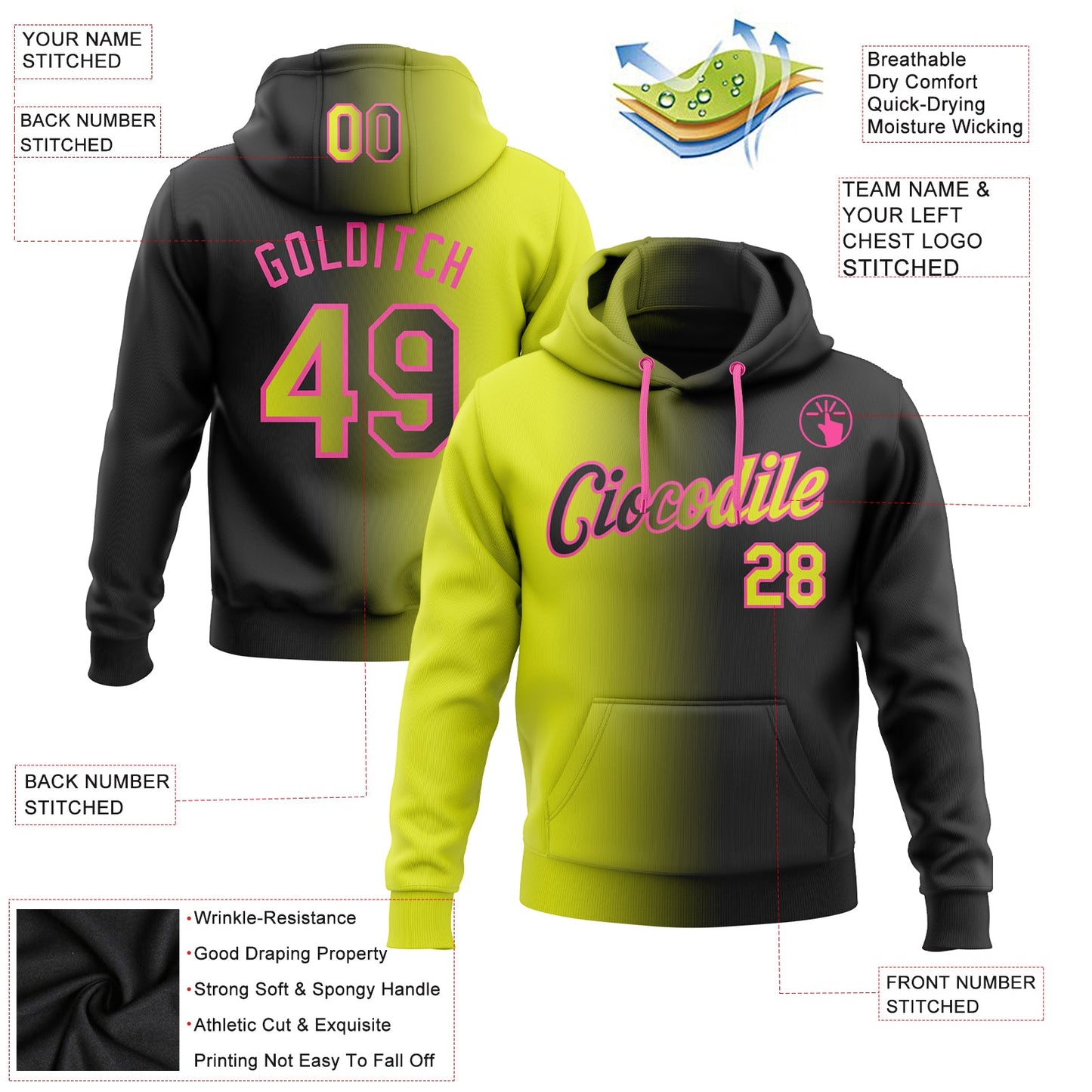Custom Stitched Black Neon Yellow-Pink Gradient Fashion Sports Pullover Sweatshirt Hoodie view 2
