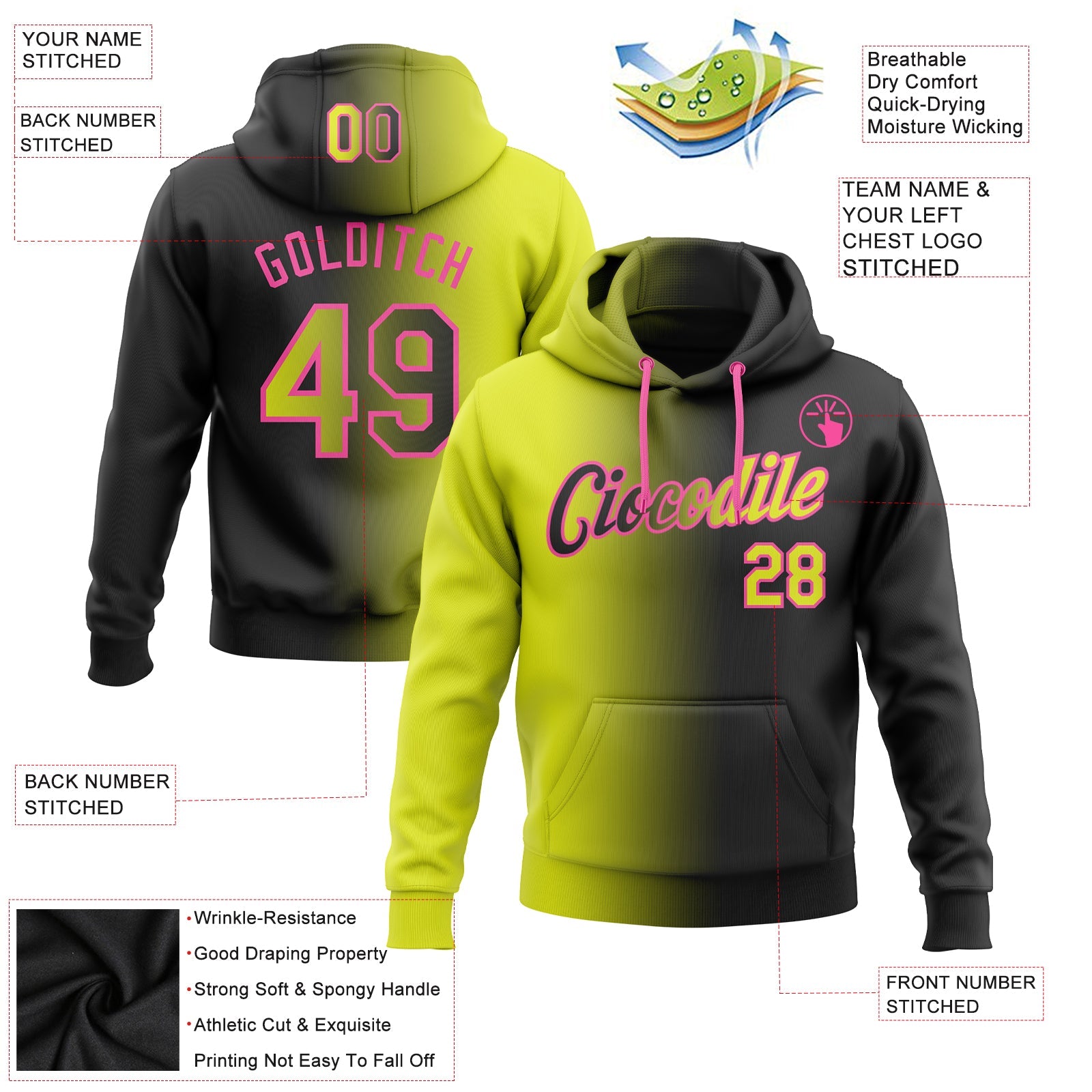 Custom Stitched Black Neon Yellow-Pink Gradient Fashion Sports Pullover Sweatshirt Hoodie view 2
