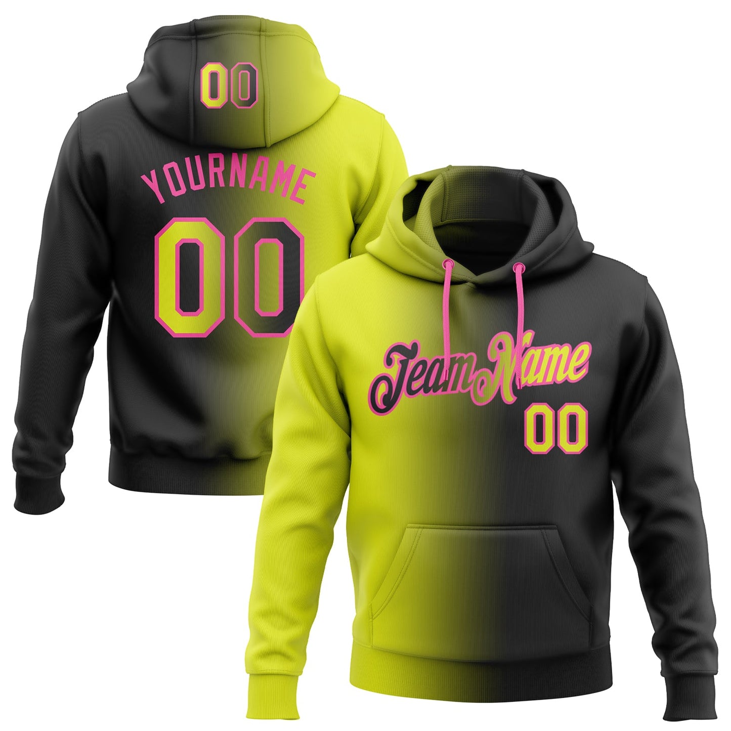 Custom Stitched Black Neon Yellow-Pink Gradient Fashion Sports Pullover Sweatshirt Hoodie - Main View