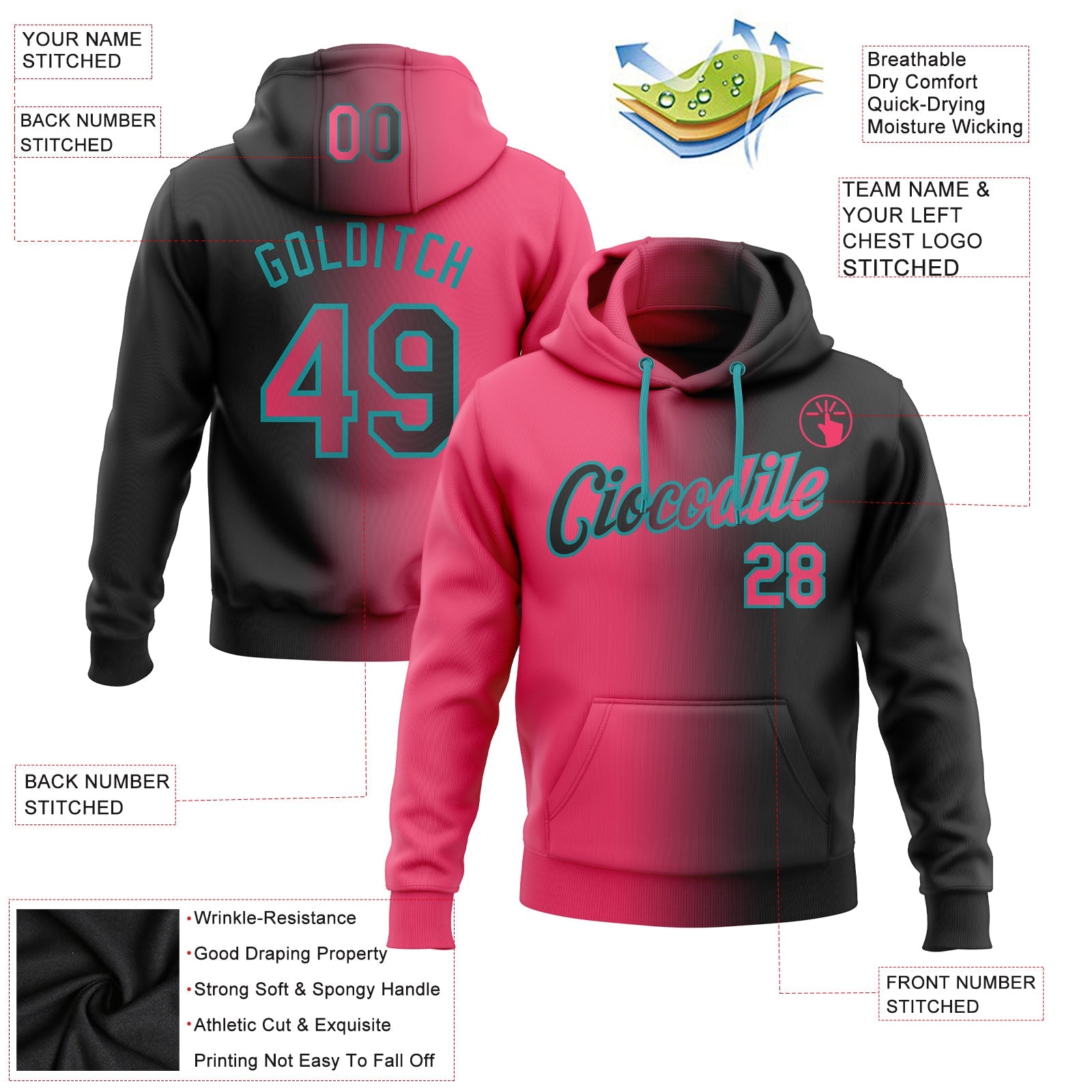 Custom Stitched Black Neon Pink-Teal Gradient Fashion Sports Pullover Sweatshirt Hoodie view 2