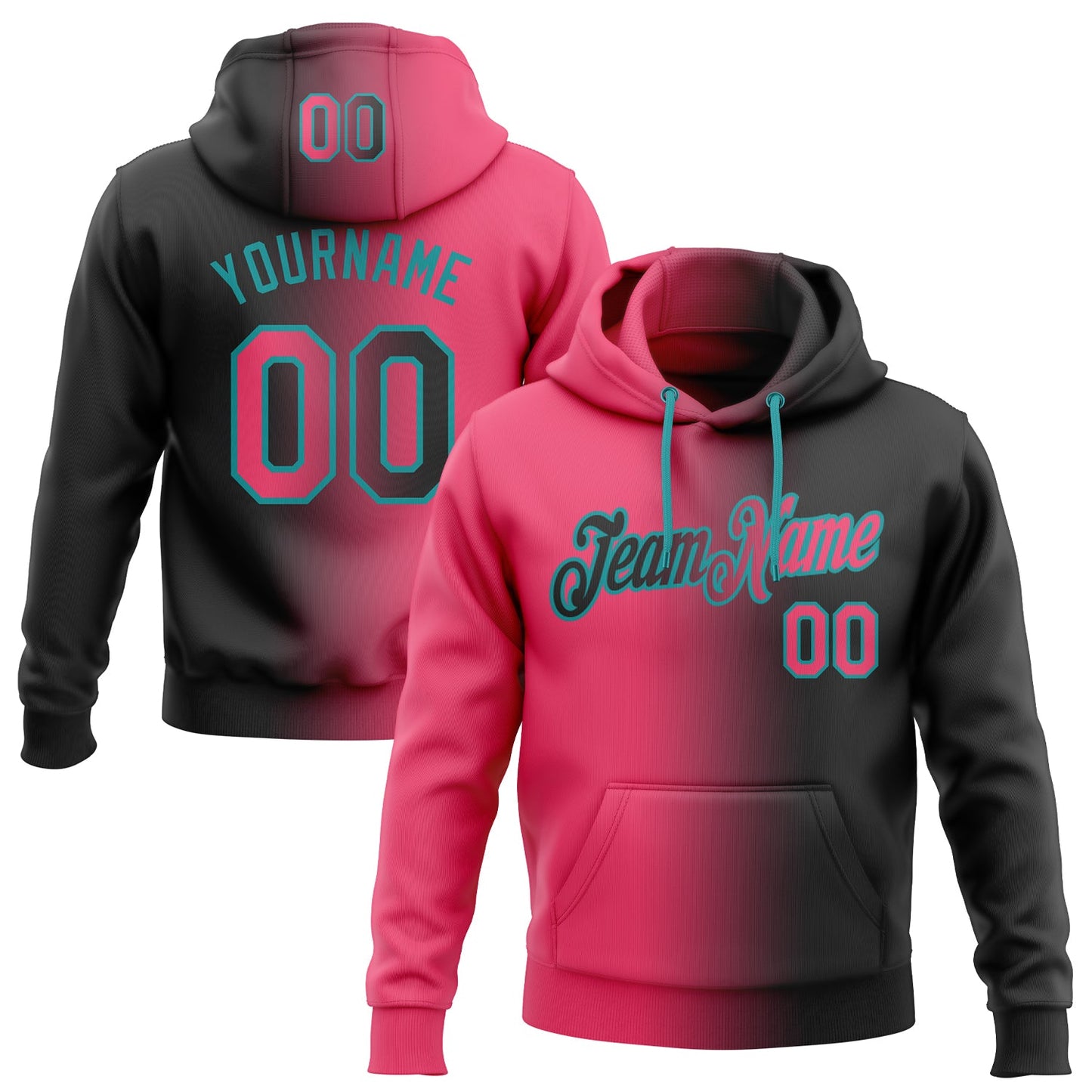 Custom Stitched Black Neon Pink-Teal Gradient Fashion Sports Pullover Sweatshirt Hoodie - Main View