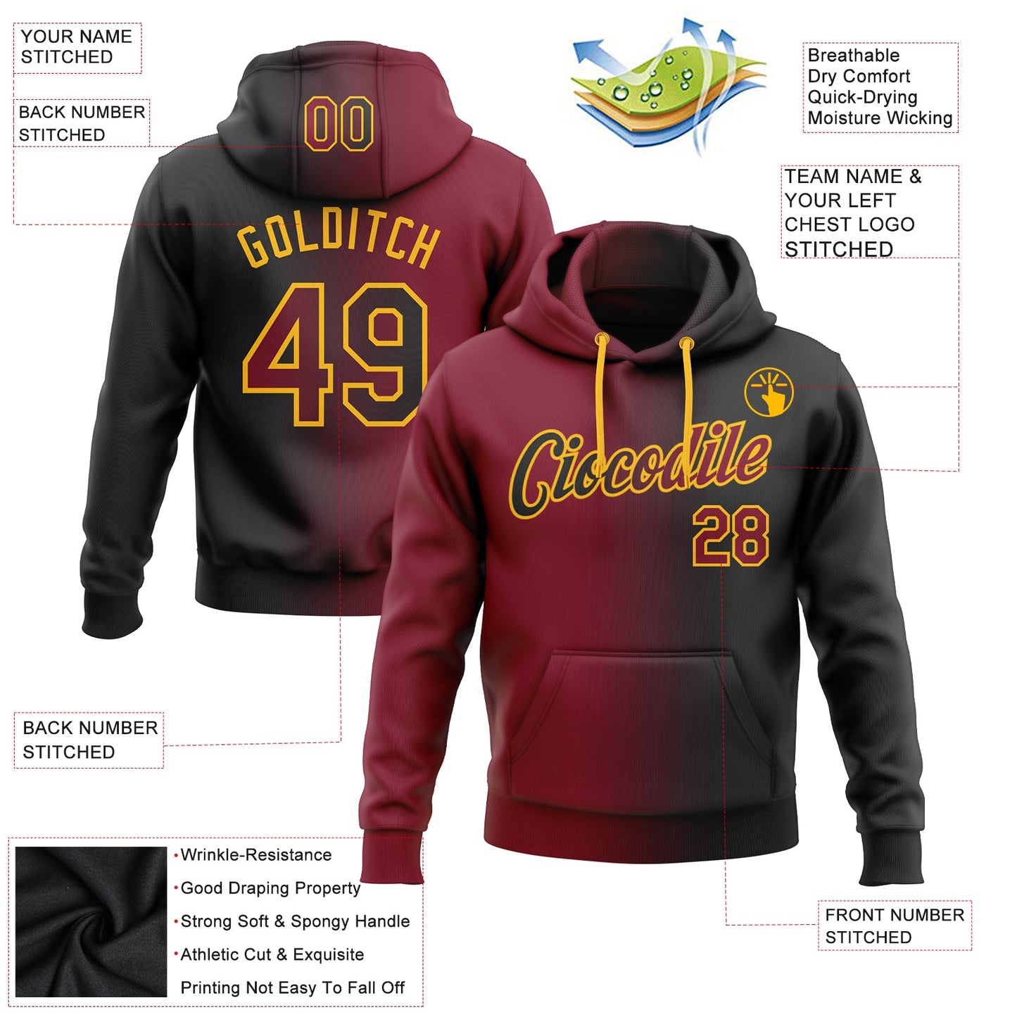 Custom Stitched Black Crimson-Gold Gradient Fashion Sports Pullover Sweatshirt Hoodie view 2