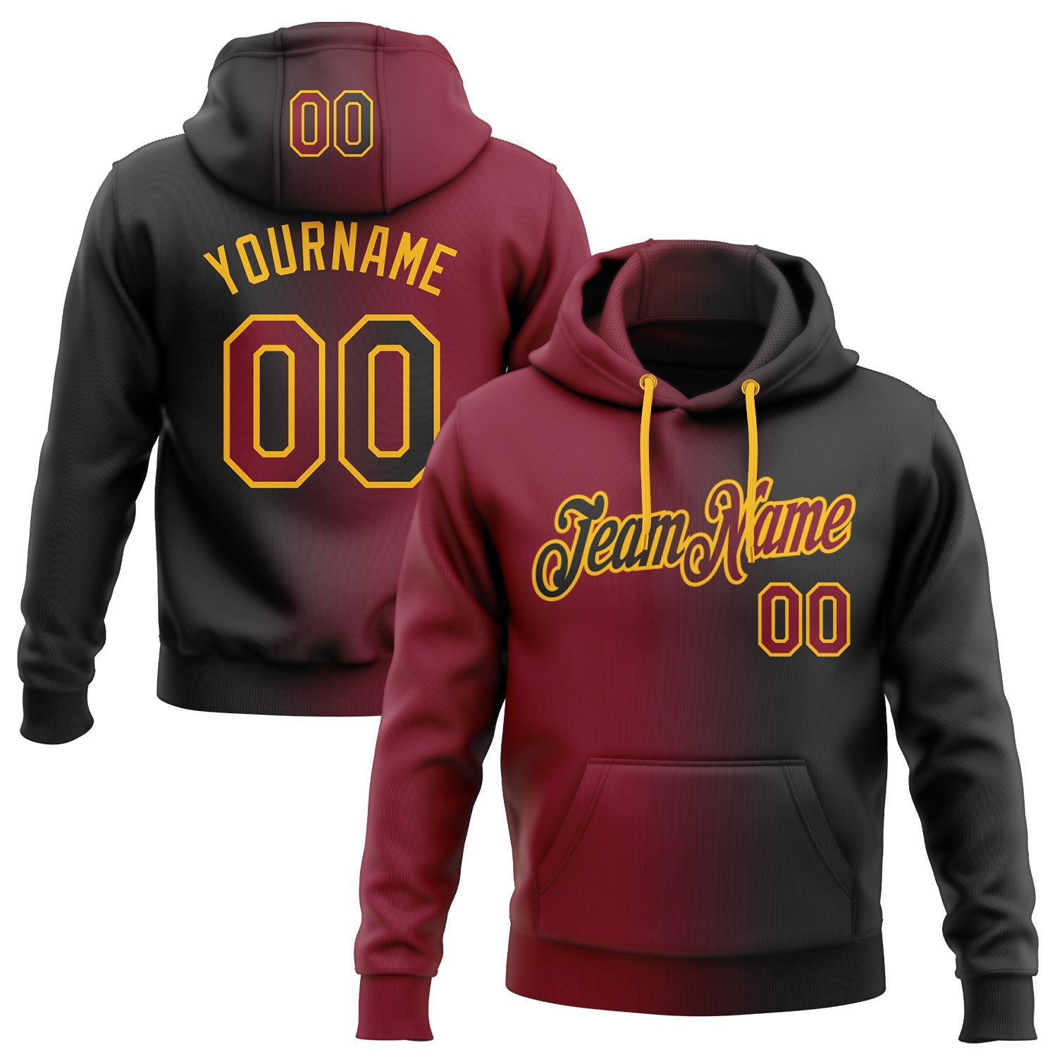 Custom Stitched Black Crimson-Gold Gradient Fashion Sports Pullover Sweatshirt Hoodie - Main View