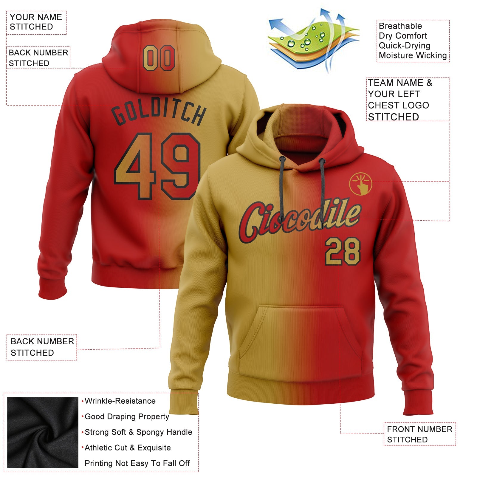 Custom Stitched Red Old Gold-Black Gradient Fashion Sports Pullover Sweatshirt Hoodie view 2