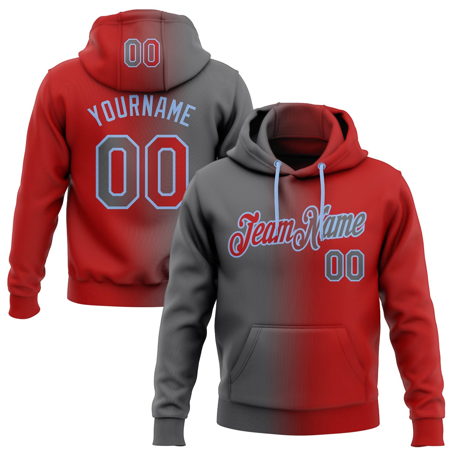 Custom Stitched Red Steel Gray-Light Blue Gradient Fashion Sports Pullover Sweatshirt Hoodie - Main View
