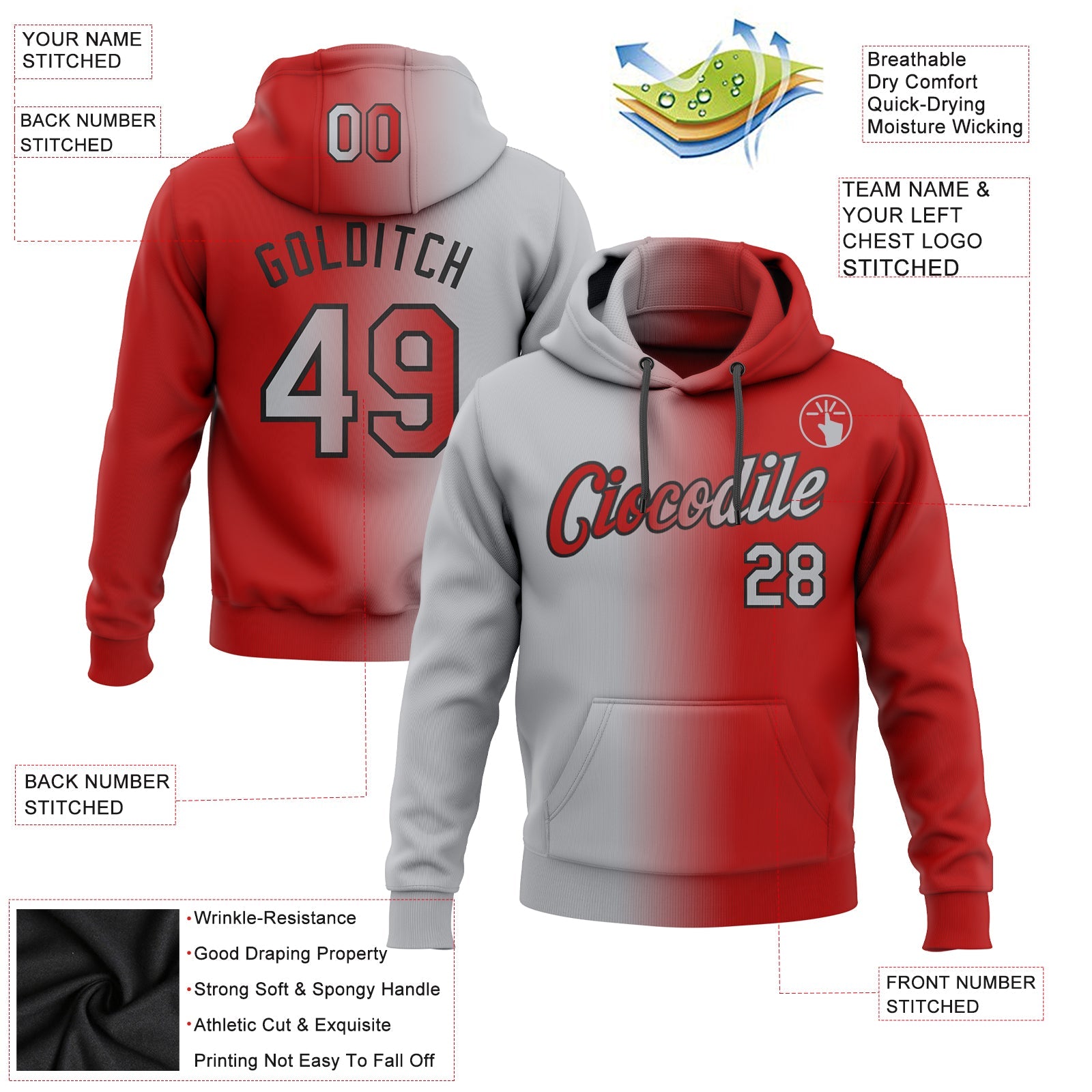 Custom Stitched Red Gray-Black Gradient Fashion Sports Pullover Sweatshirt Hoodie view 2