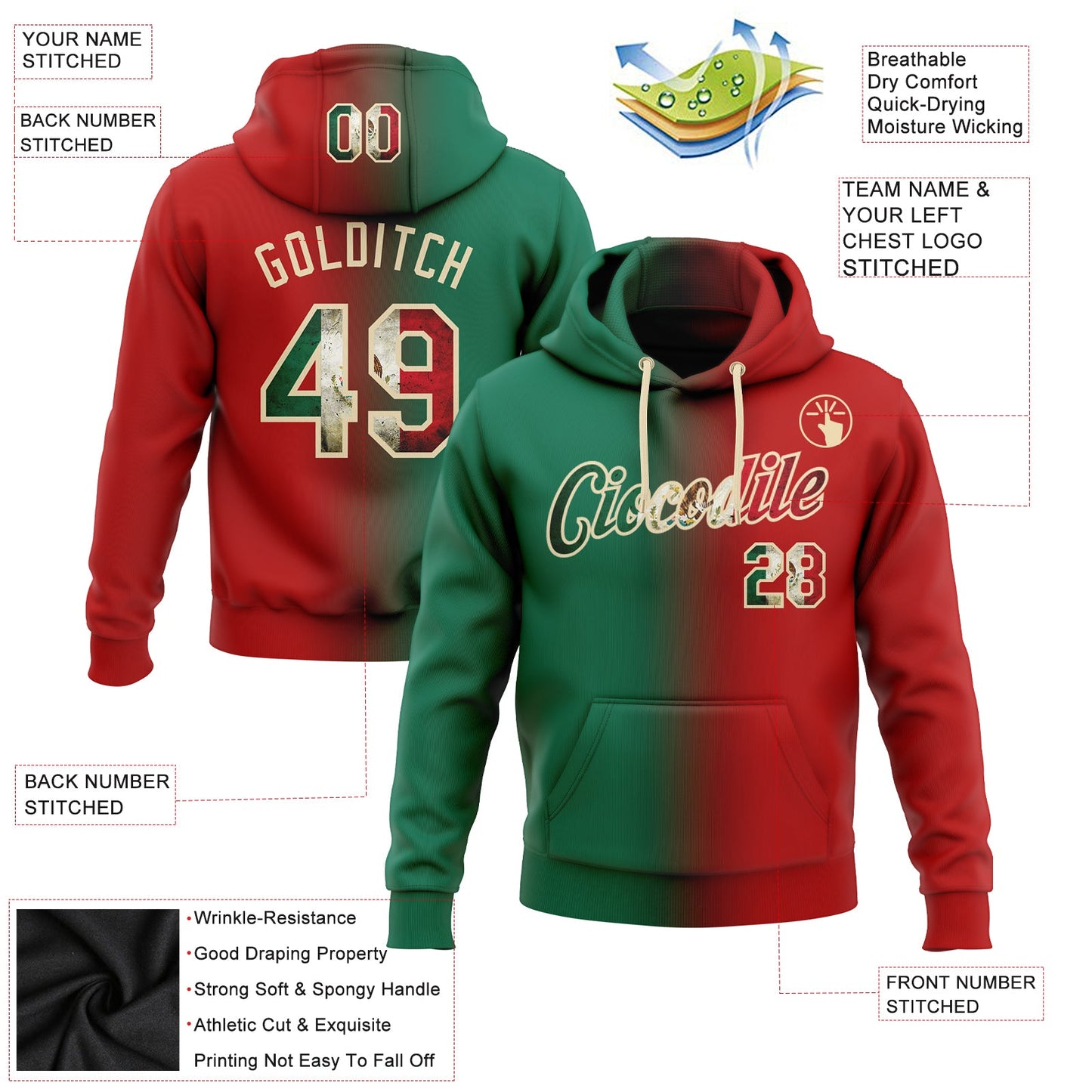 Custom Stitched Red Vintage Mexican Flag Kelly Green-City Cream Gradient Fashion Sports Pullover Sweatshirt Hoodie view 2