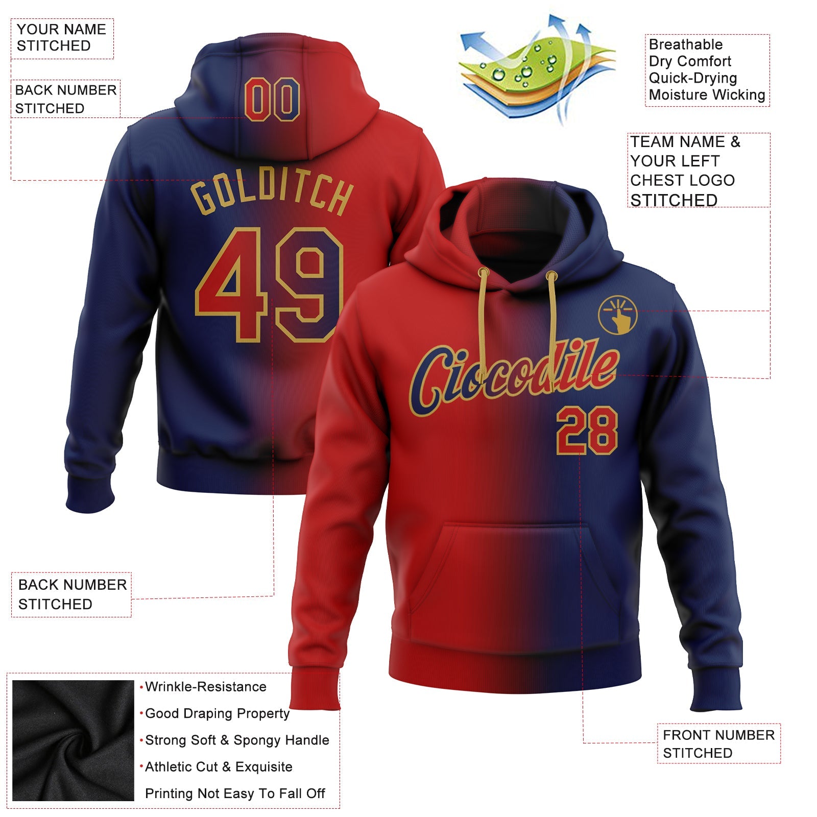 Custom Stitched Navy Red-Old Gold Gradient Fashion Sports Pullover Sweatshirt Hoodie view 2