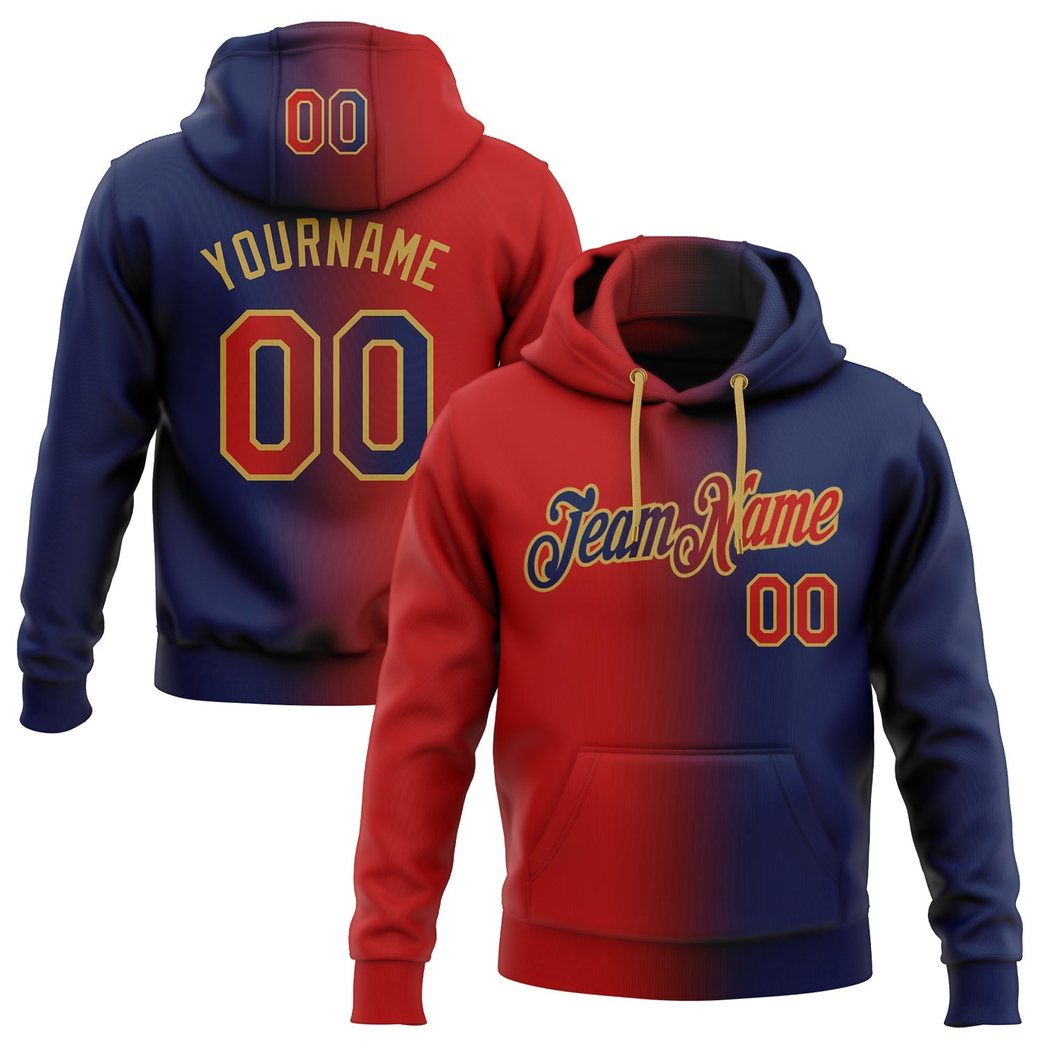 Custom Stitched Navy Red-Old Gold Gradient Fashion Sports Pullover Sweatshirt Hoodie - Main View