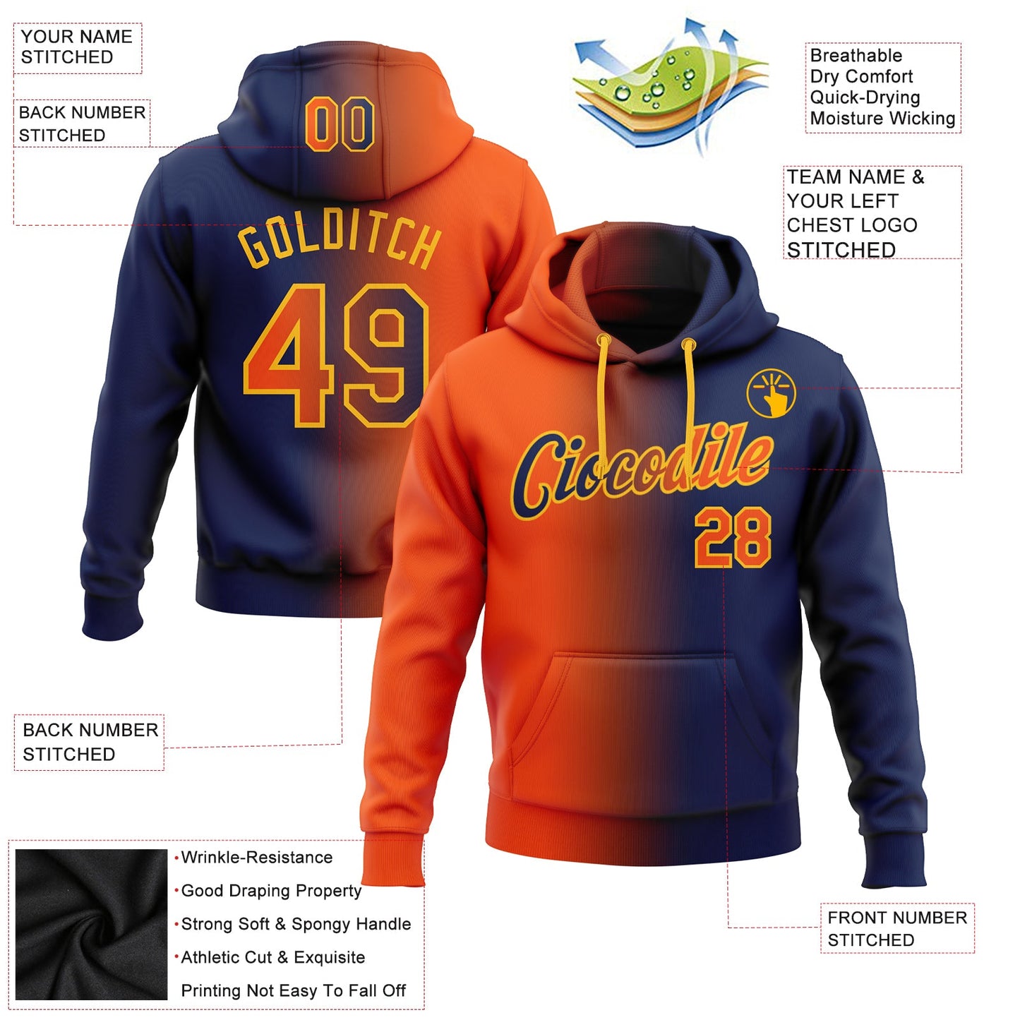 Custom Stitched Navy Orange-Gold Gradient Fashion Sports Pullover Sweatshirt Hoodie view 2