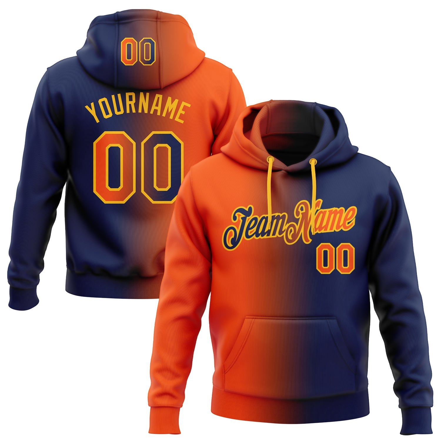 Custom Stitched Navy Orange-Gold Gradient Fashion Sports Pullover Sweatshirt Hoodie - Main View
