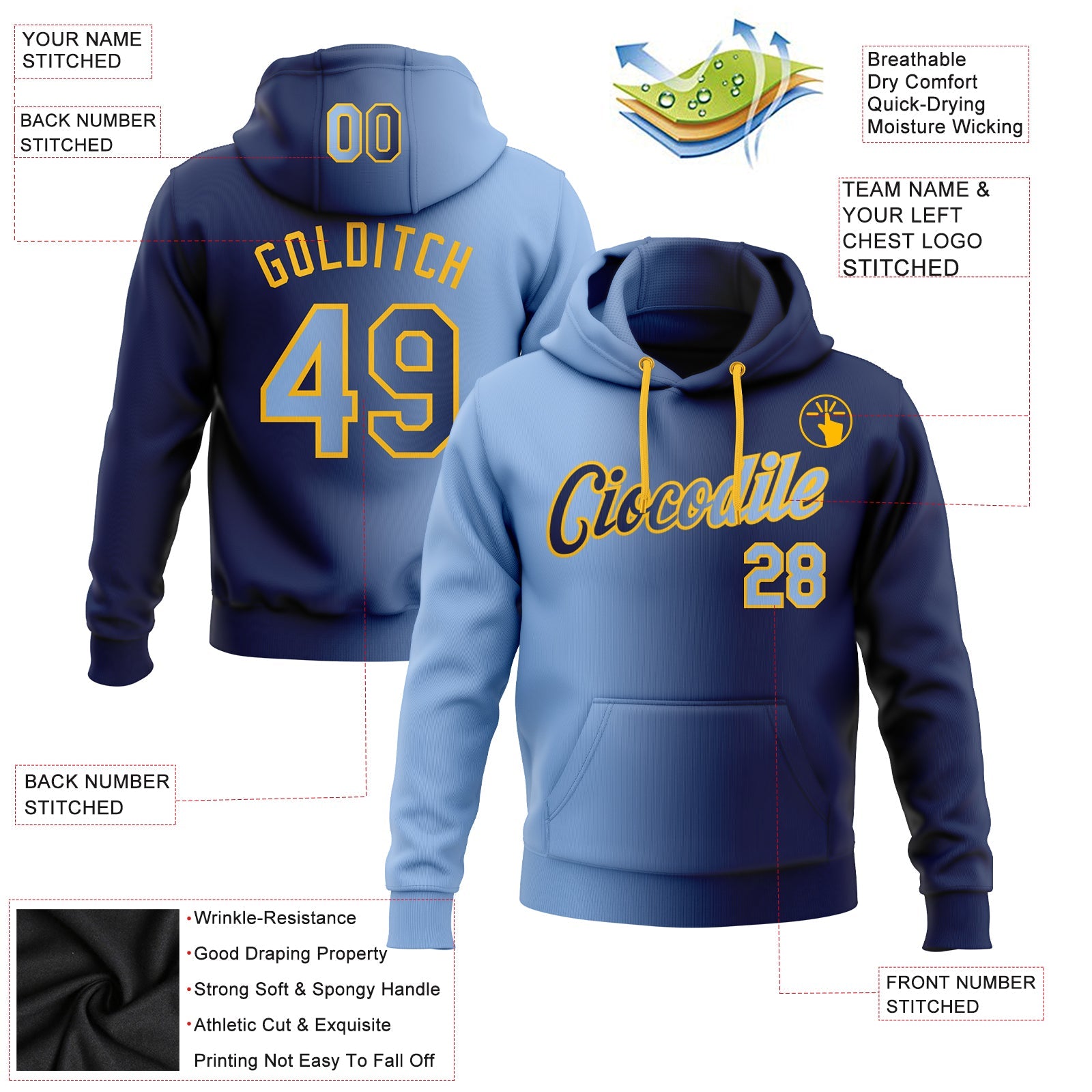 Custom Stitched Navy Light Blue-Gold Gradient Fashion Sports Pullover Sweatshirt Hoodie view 2
