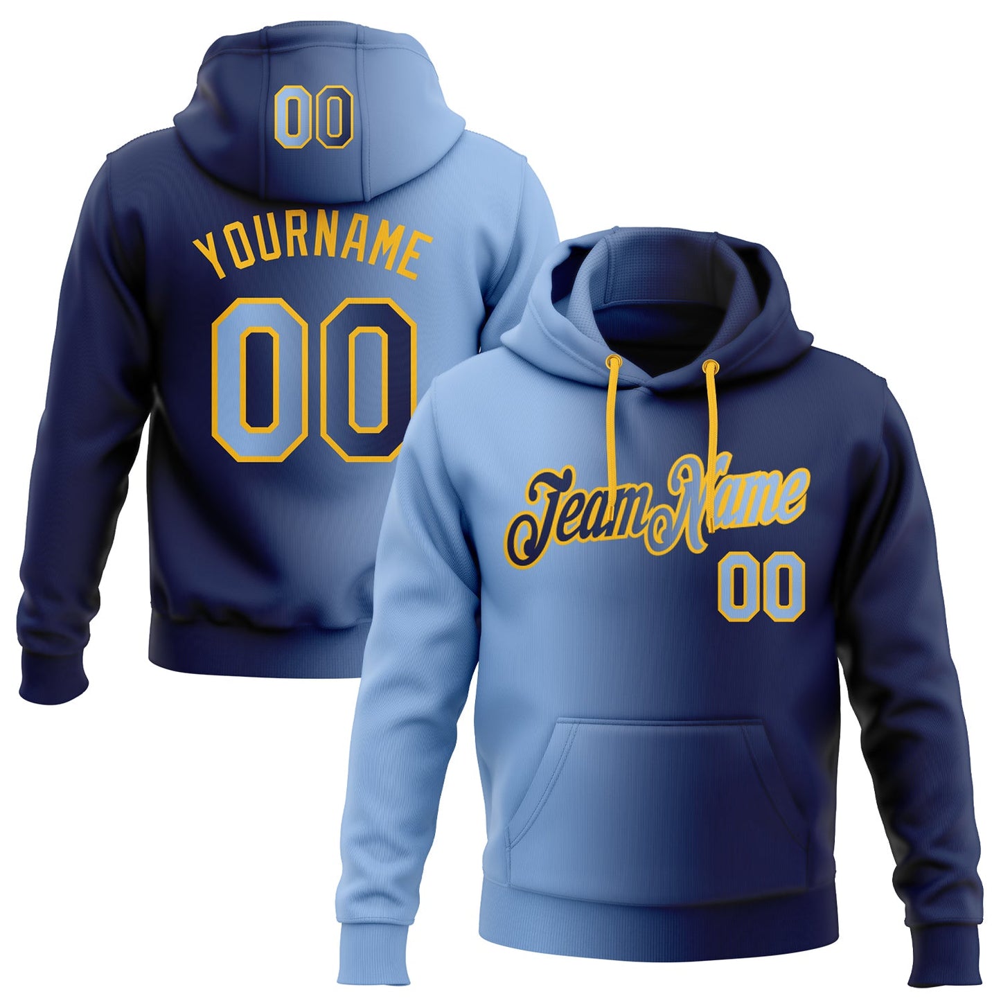 Custom Stitched Navy Light Blue-Gold Gradient Fashion Sports Pullover Sweatshirt Hoodie - Main View
