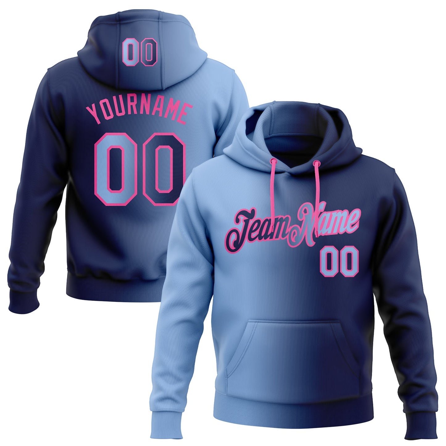 Custom Stitched Navy Light Blue-Pink Gradient Fashion Sports Pullover Sweatshirt Hoodie - Main View