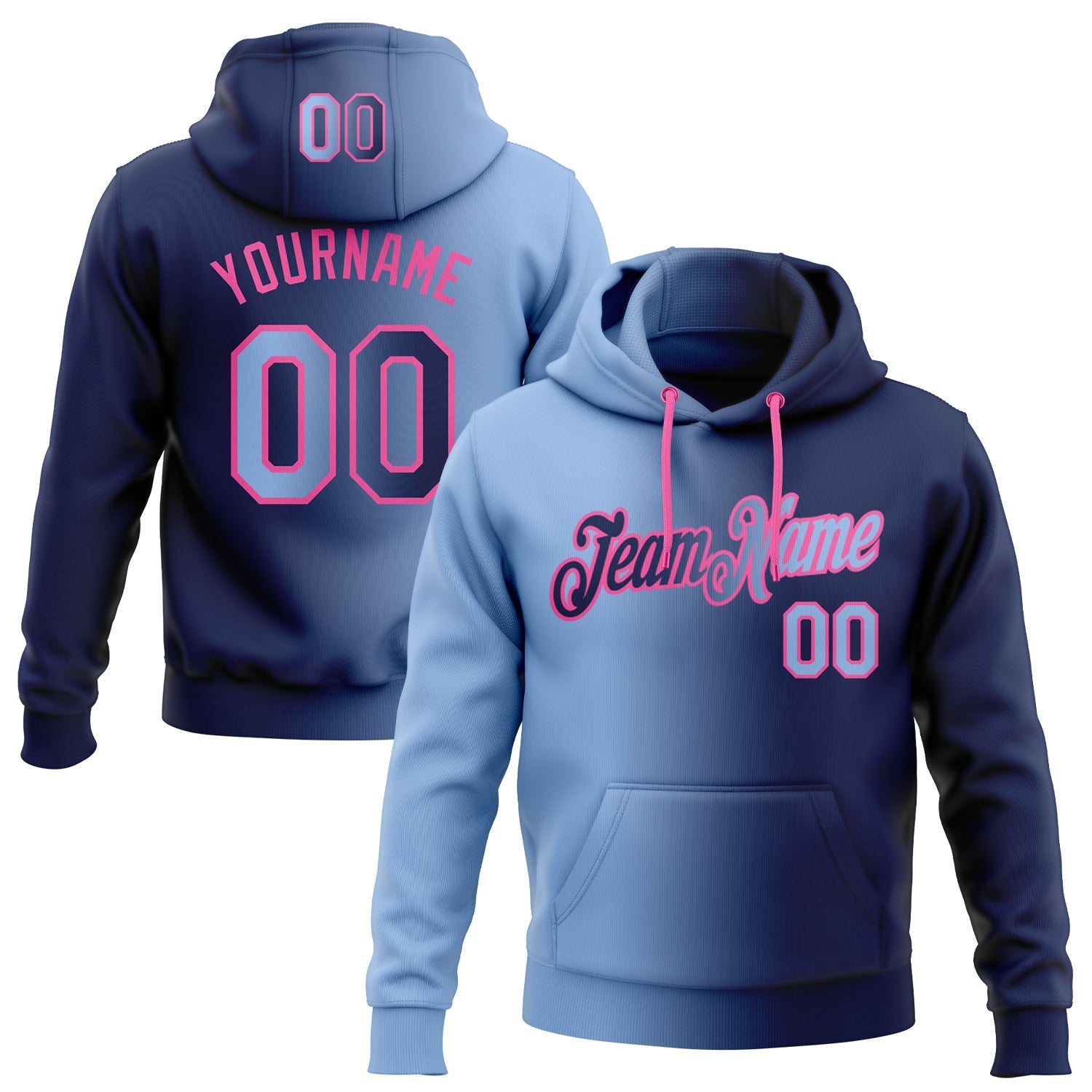 Custom Stitched Navy Light Blue-Pink Gradient Fashion Sports Pullover Sweatshirt Hoodie - Main View