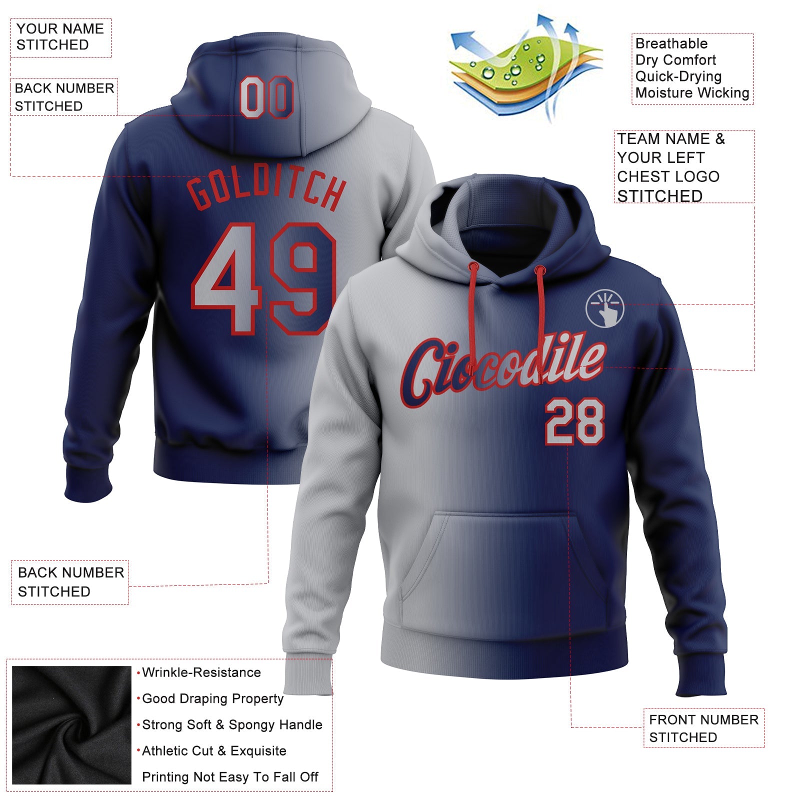 Custom Stitched Navy Gray-Red Gradient Fashion Sports Pullover Sweatshirt Hoodie view 2