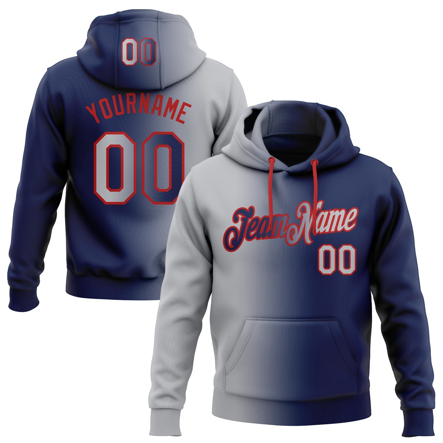 Custom Stitched Navy Gray-Red Gradient Fashion Sports Pullover Sweatshirt Hoodie - Main View