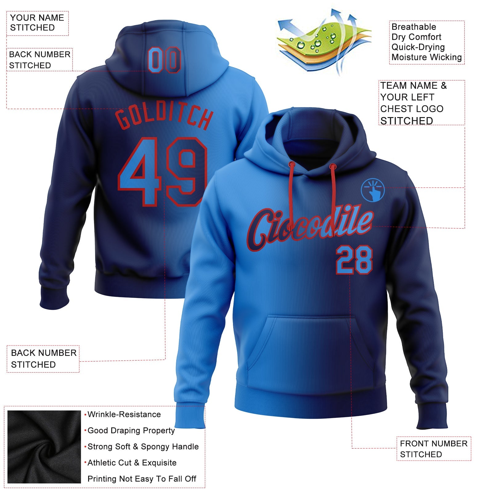 Custom Stitched Navy Powder Blue-Red Gradient Fashion Sports Pullover Sweatshirt Hoodie view 2