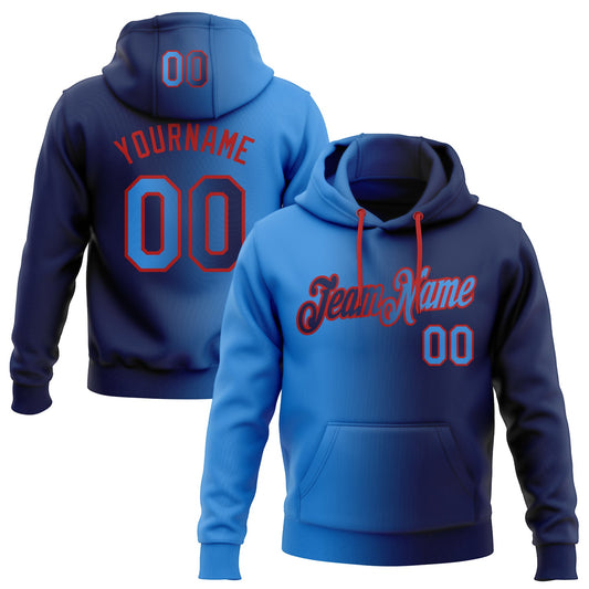 Custom Stitched Navy Powder Blue-Red Gradient Fashion Sports Pullover Sweatshirt Hoodie - Main View