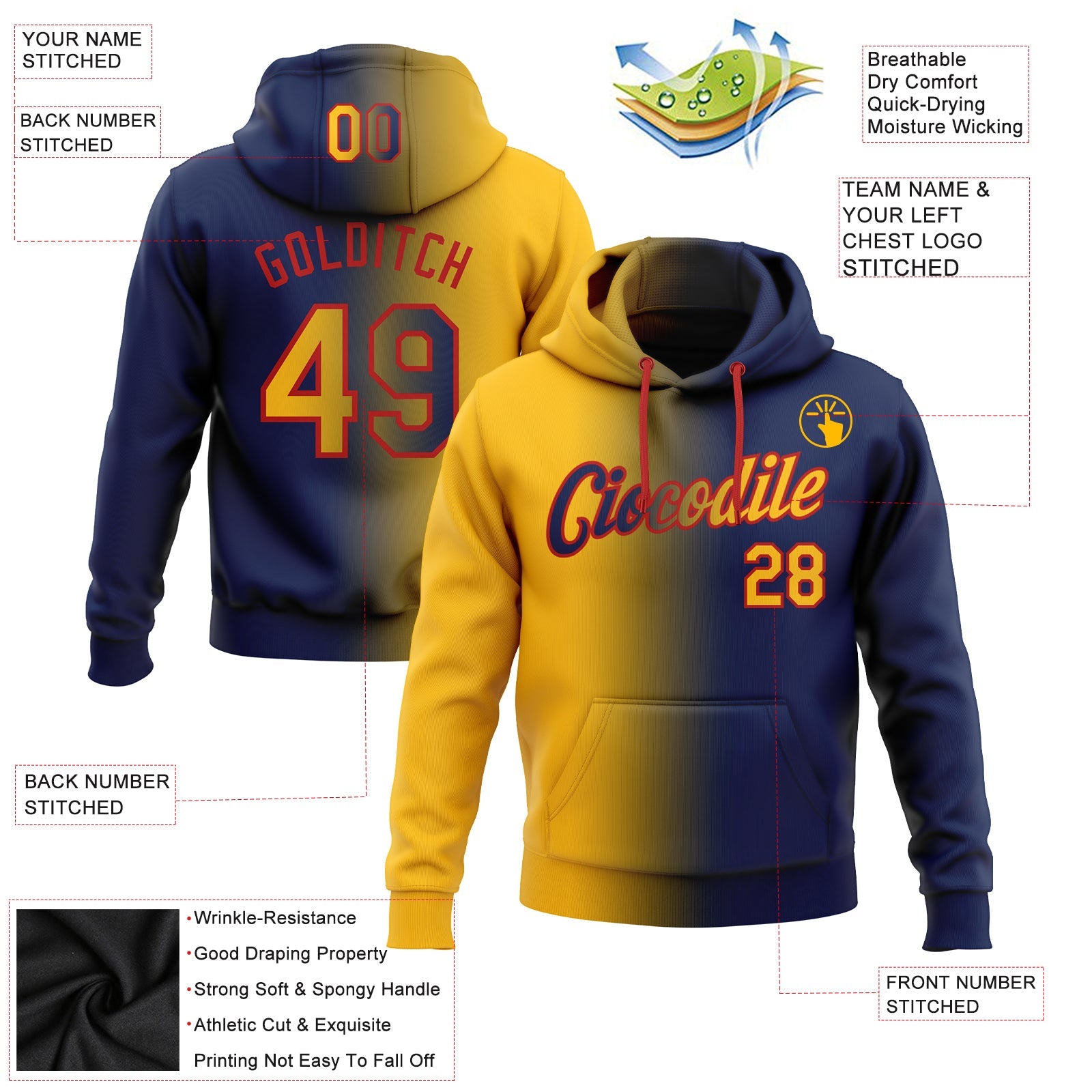 Custom Stitched Navy Gold-Red Gradient Fashion Sports Pullover Sweatshirt Hoodie view 2