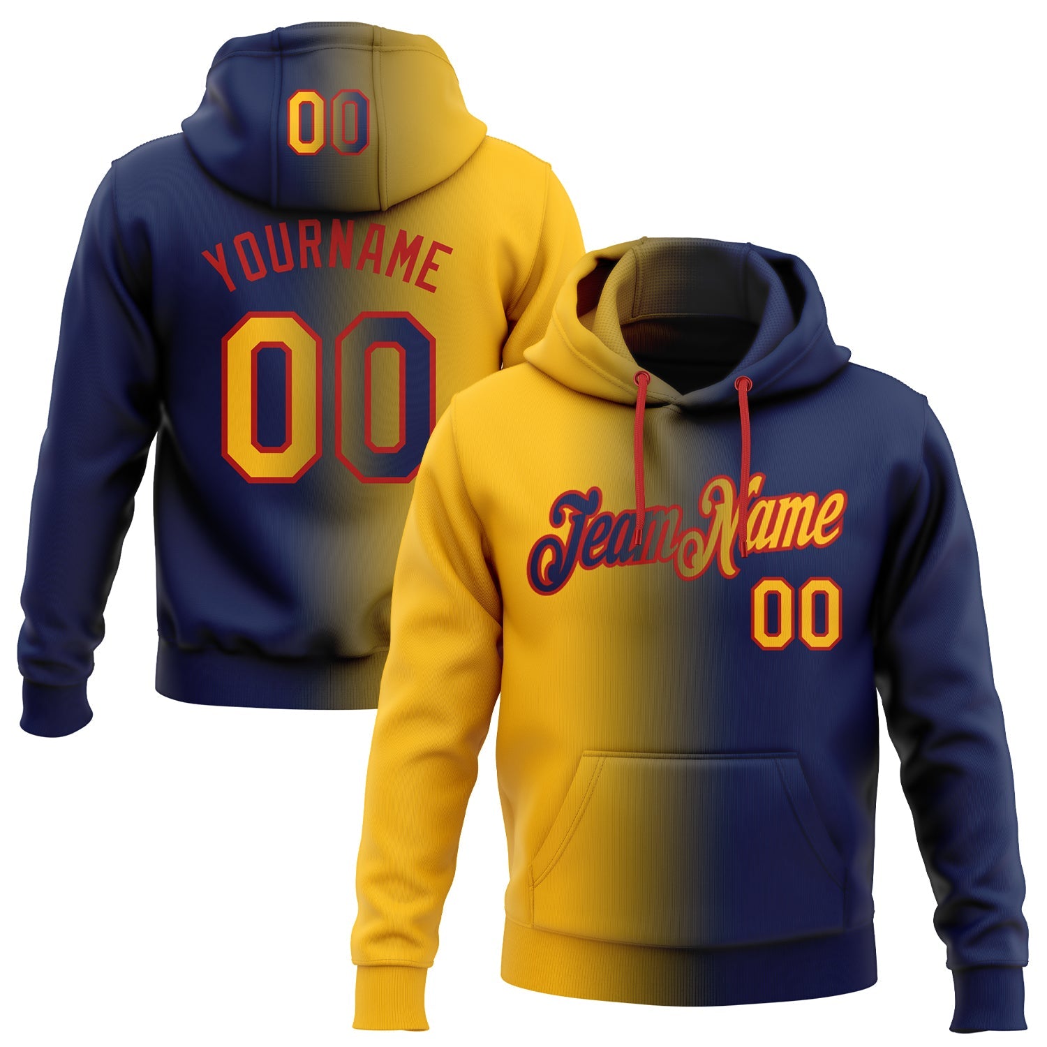 Custom Stitched Navy Gold-Red Gradient Fashion Sports Pullover Sweatshirt Hoodie - Main View