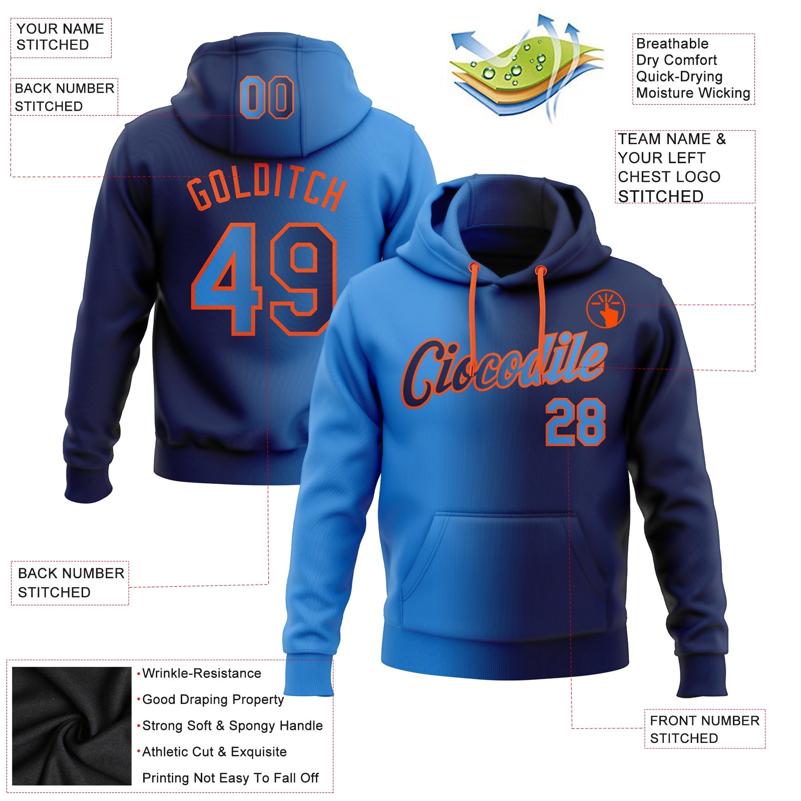 Custom Stitched Navy Powder Blue-Orange Gradient Fashion Sports Pullover Sweatshirt Hoodie view 2