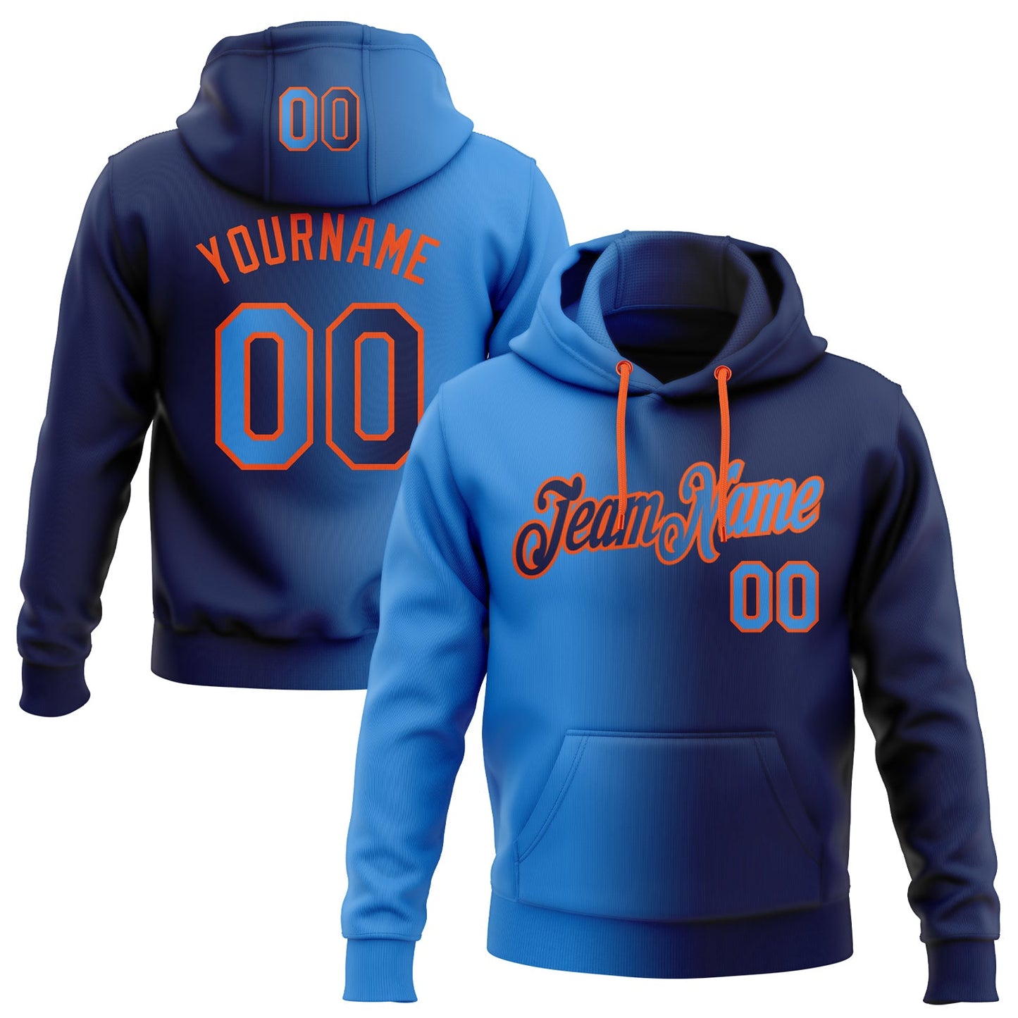 Custom Stitched Navy Powder Blue-Orange Gradient Fashion Sports Pullover Sweatshirt Hoodie - Main View