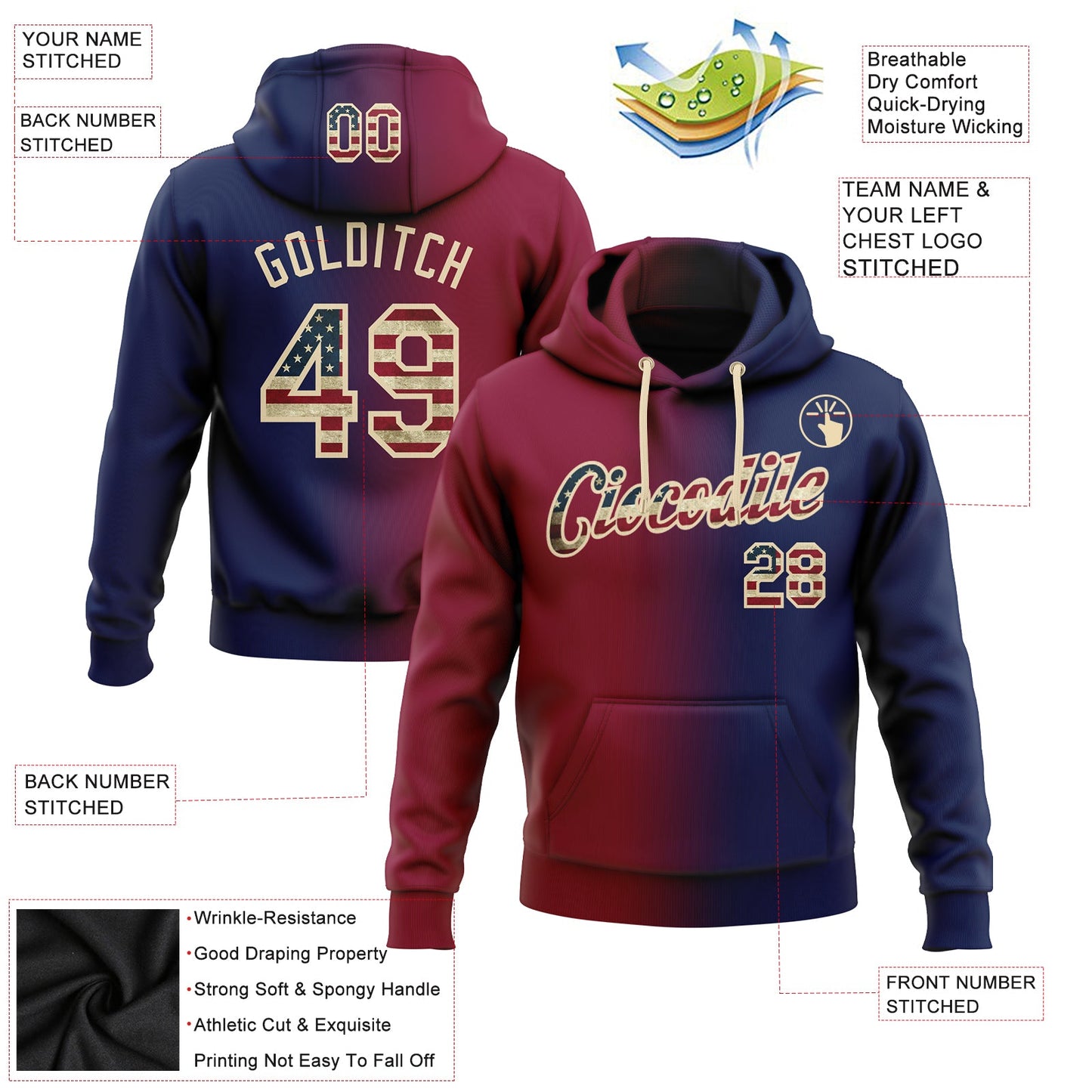 Custom Stitched Navy Vintage USA Flag Maroon-City Cream Gradient Fashion Sports Pullover Sweatshirt Hoodie view 2