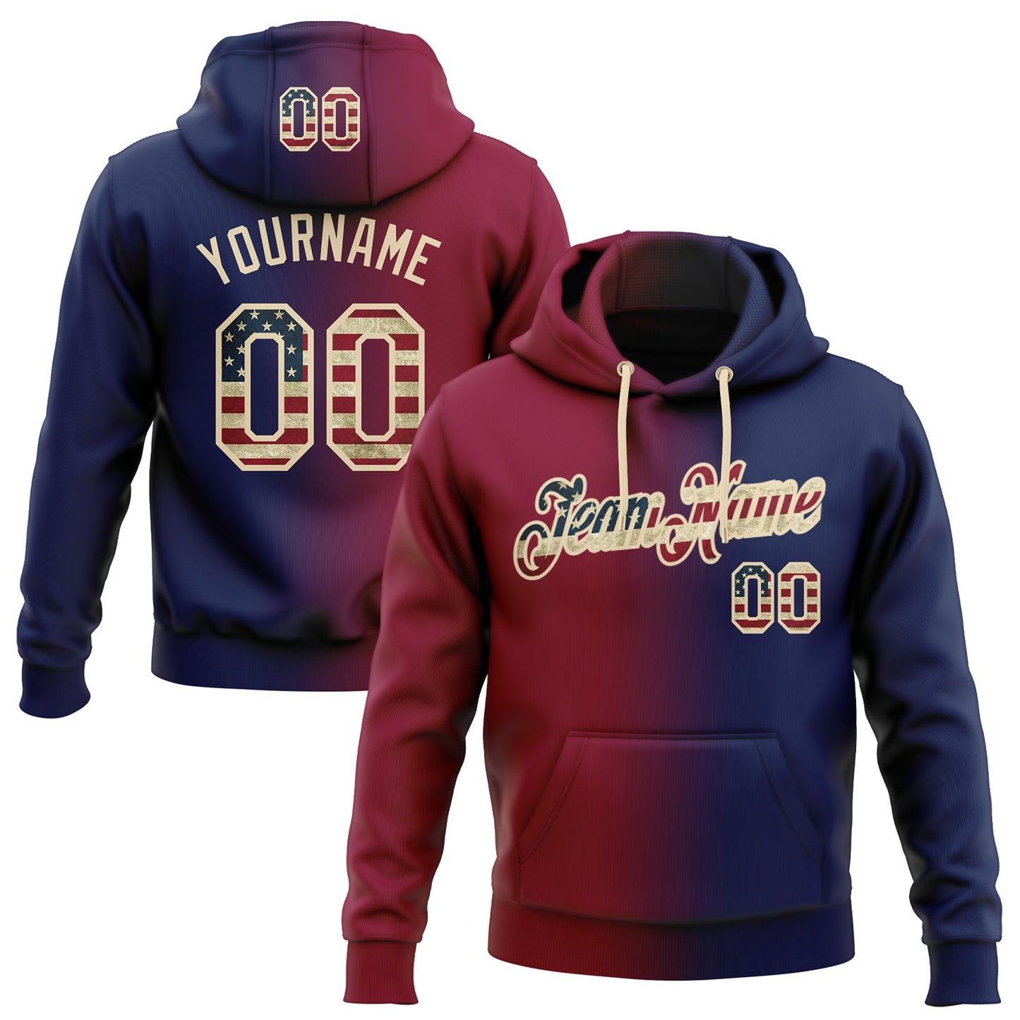 Custom Stitched Navy Vintage USA Flag Maroon-City Cream Gradient Fashion Sports Pullover Sweatshirt Hoodie - Main View