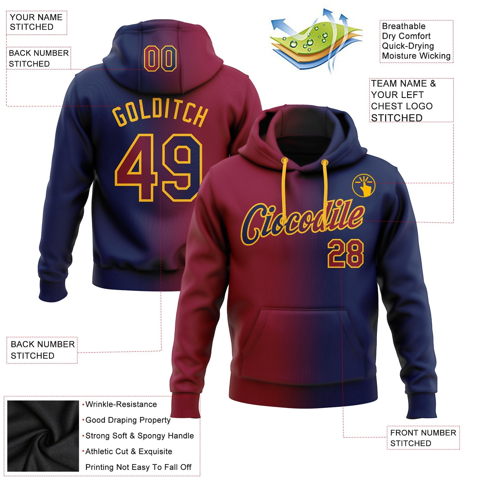 Custom Stitched Navy Maroon-Gold Gradient Fashion Sports Pullover Sweatshirt Hoodie view 2
