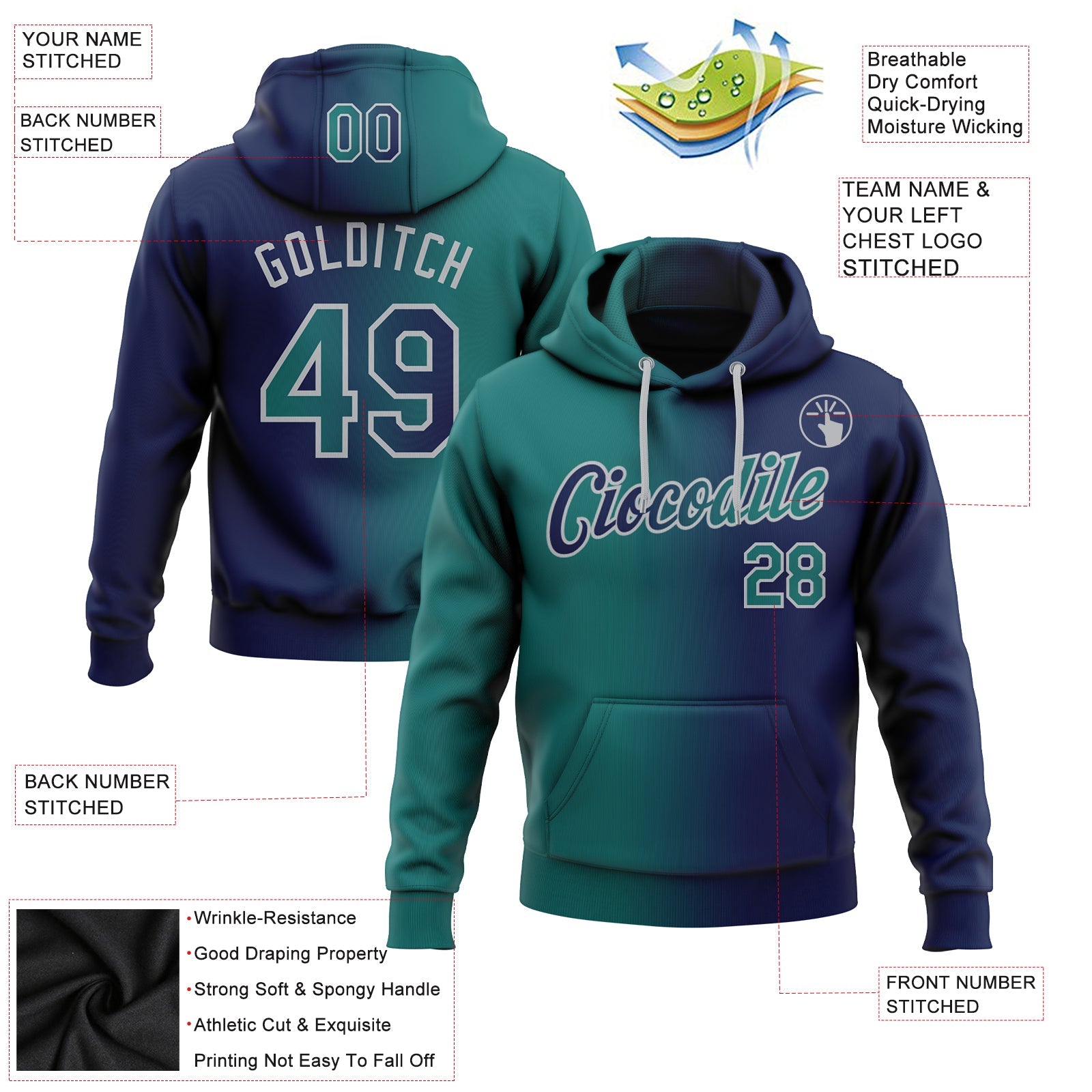 Custom Stitched Navy Teal-Gray Gradient Fashion Sports Pullover Sweatshirt Hoodie view 2