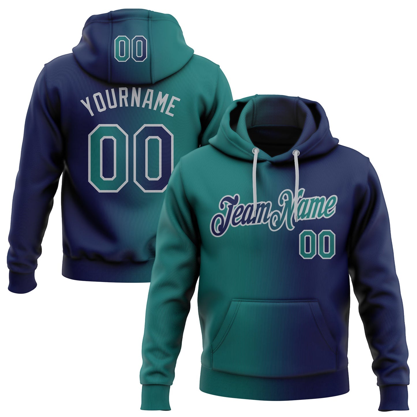Custom Stitched Navy Teal-Gray Gradient Fashion Sports Pullover Sweatshirt Hoodie - Main View