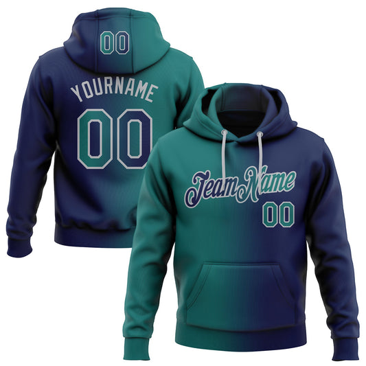 Custom Stitched Navy Teal-Gray Gradient Fashion Sports Pullover Sweatshirt Hoodie - Main View