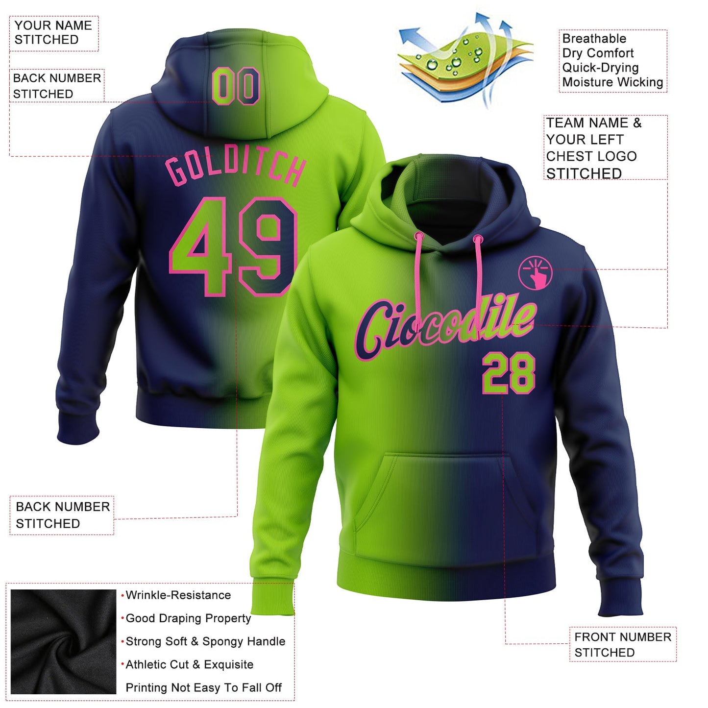 Custom Stitched Navy Neon Green-Pink Gradient Fashion Sports Pullover Sweatshirt Hoodie view 2