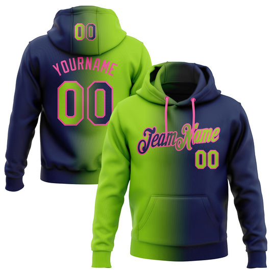 Custom Stitched Navy Neon Green-Pink Gradient Fashion Sports Pullover Sweatshirt Hoodie - Main View