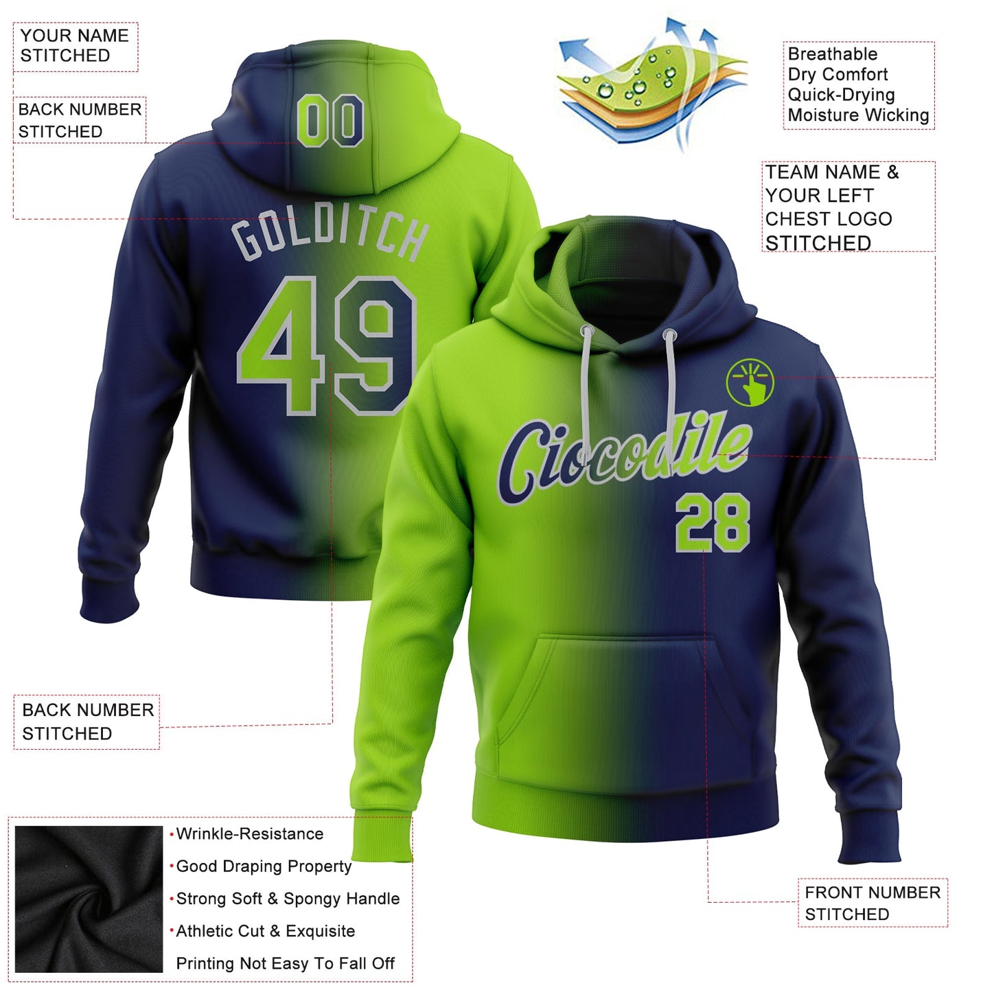 Custom Stitched Navy Neon Green-Gray Gradient Fashion Sports Pullover Sweatshirt Hoodie view 2