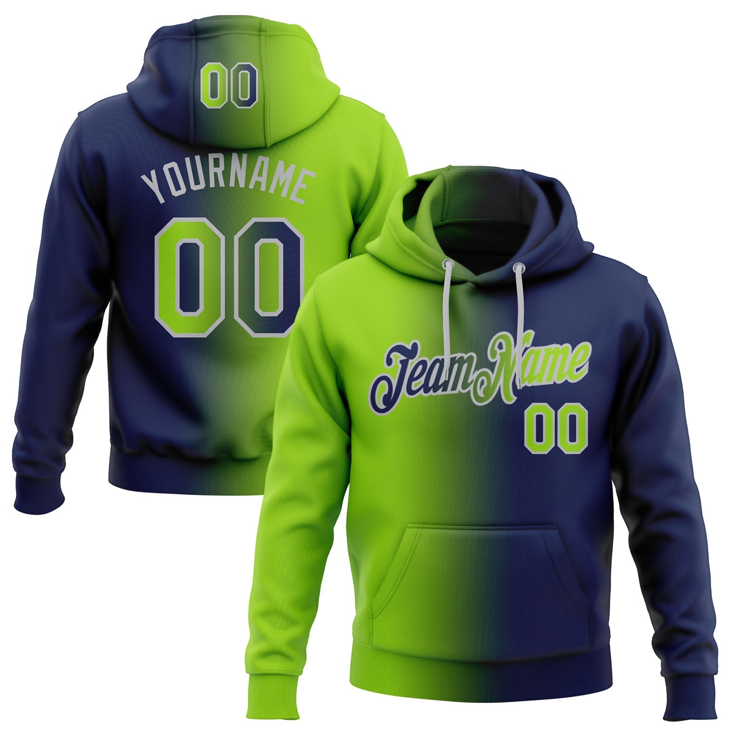 Custom Stitched Navy Neon Green-Gray Gradient Fashion Sports Pullover Sweatshirt Hoodie - Main View